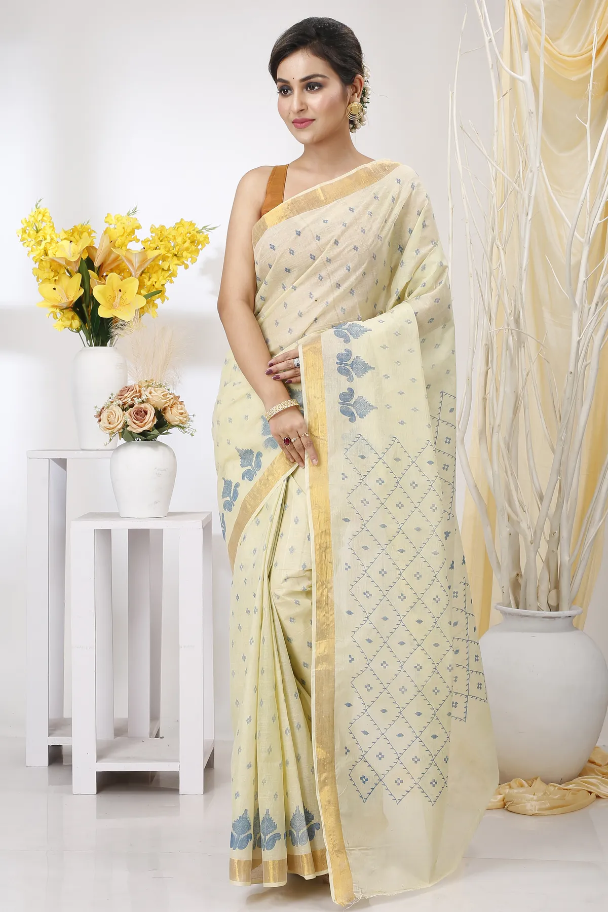 DipDiya Pure Cotton Light Brown Luvya Woven by Hand Printed Tant Sarees