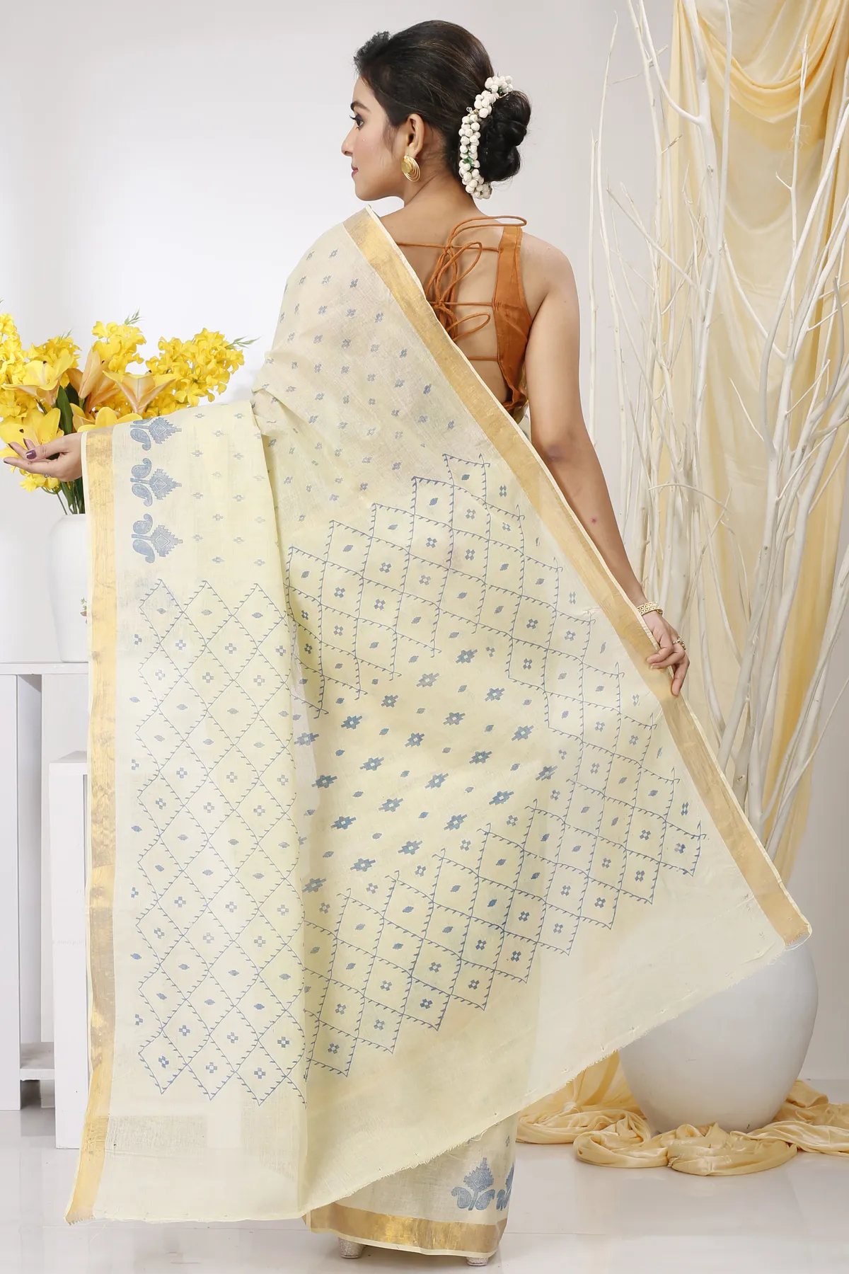 DipDiya Pure Cotton Light Brown Luvya Woven by Hand Printed Tant Sarees