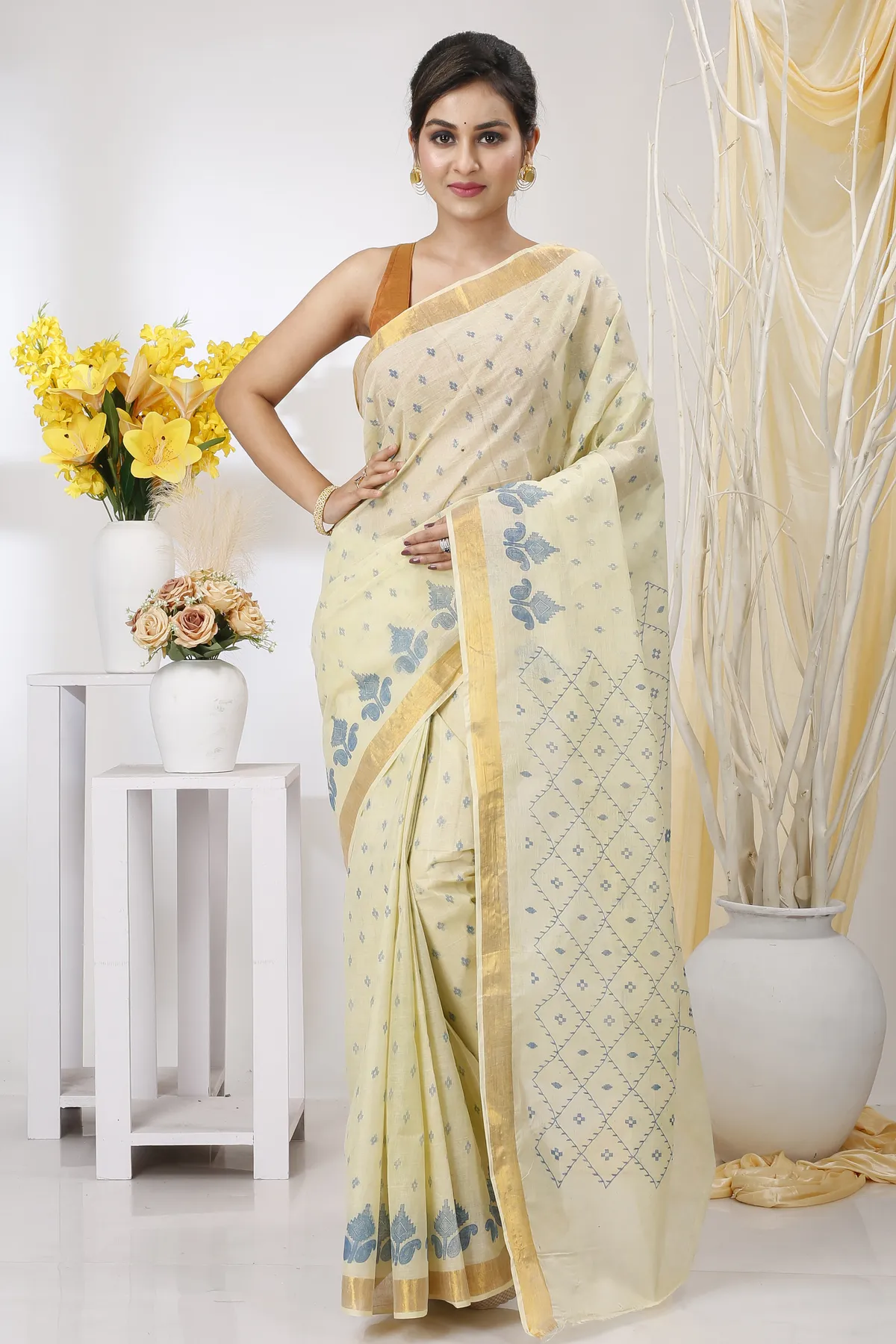 DipDiya Pure Cotton Light Brown Luvya Woven by Hand Printed Tant Sarees