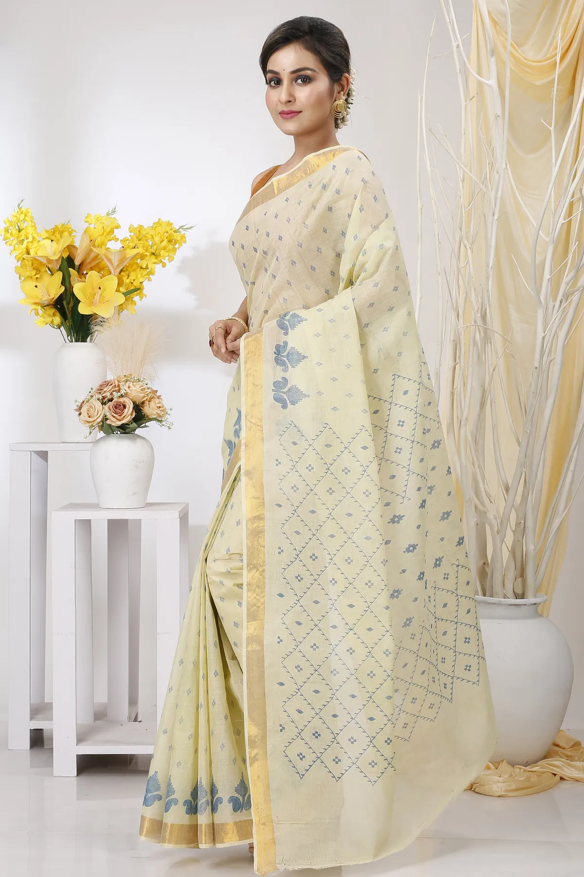 DipDiya Pure Cotton Light Brown Luvya Woven by Hand Printed Tant Sarees