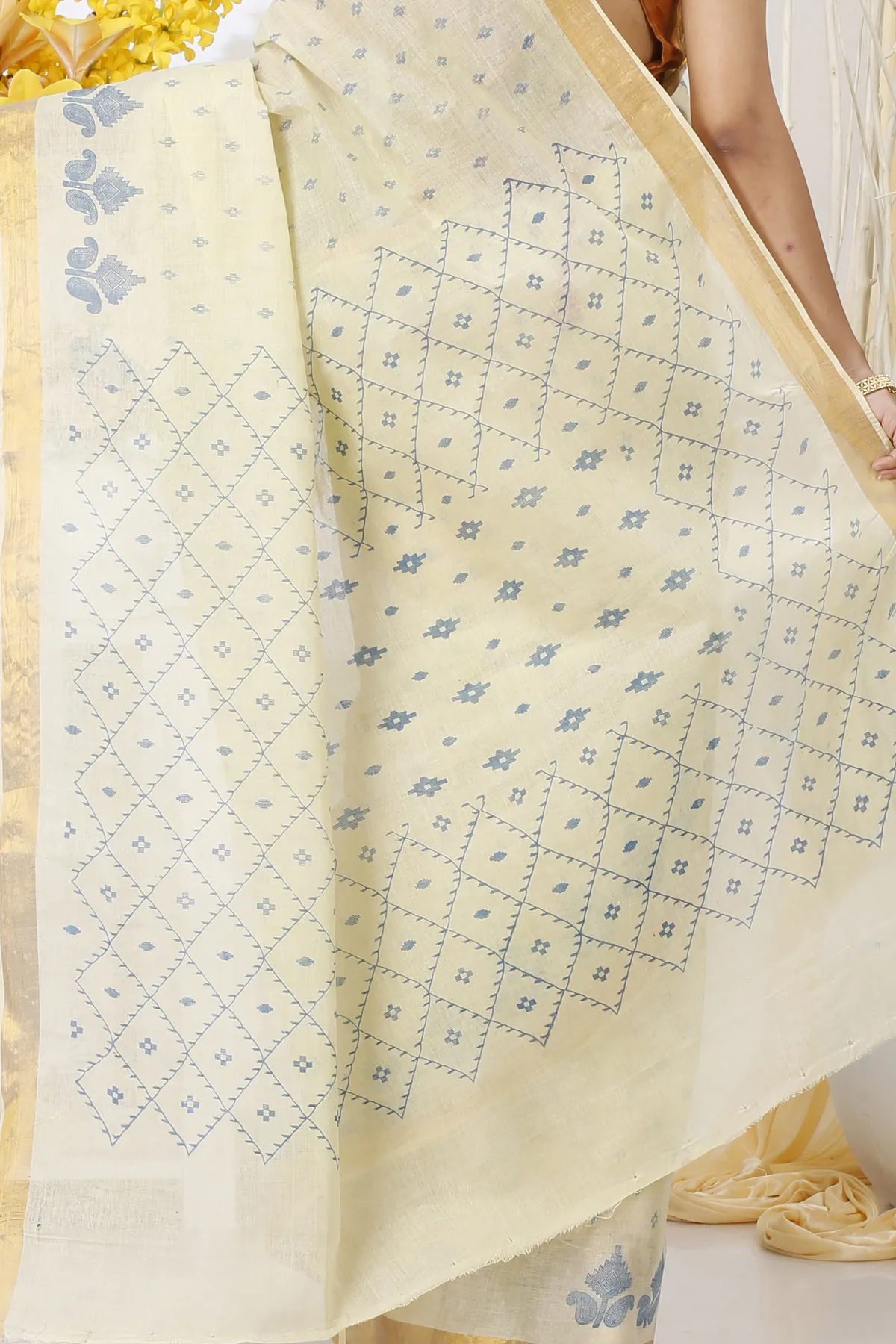 DipDiya Pure Cotton Light Brown Luvya Woven by Hand Printed Tant Sarees