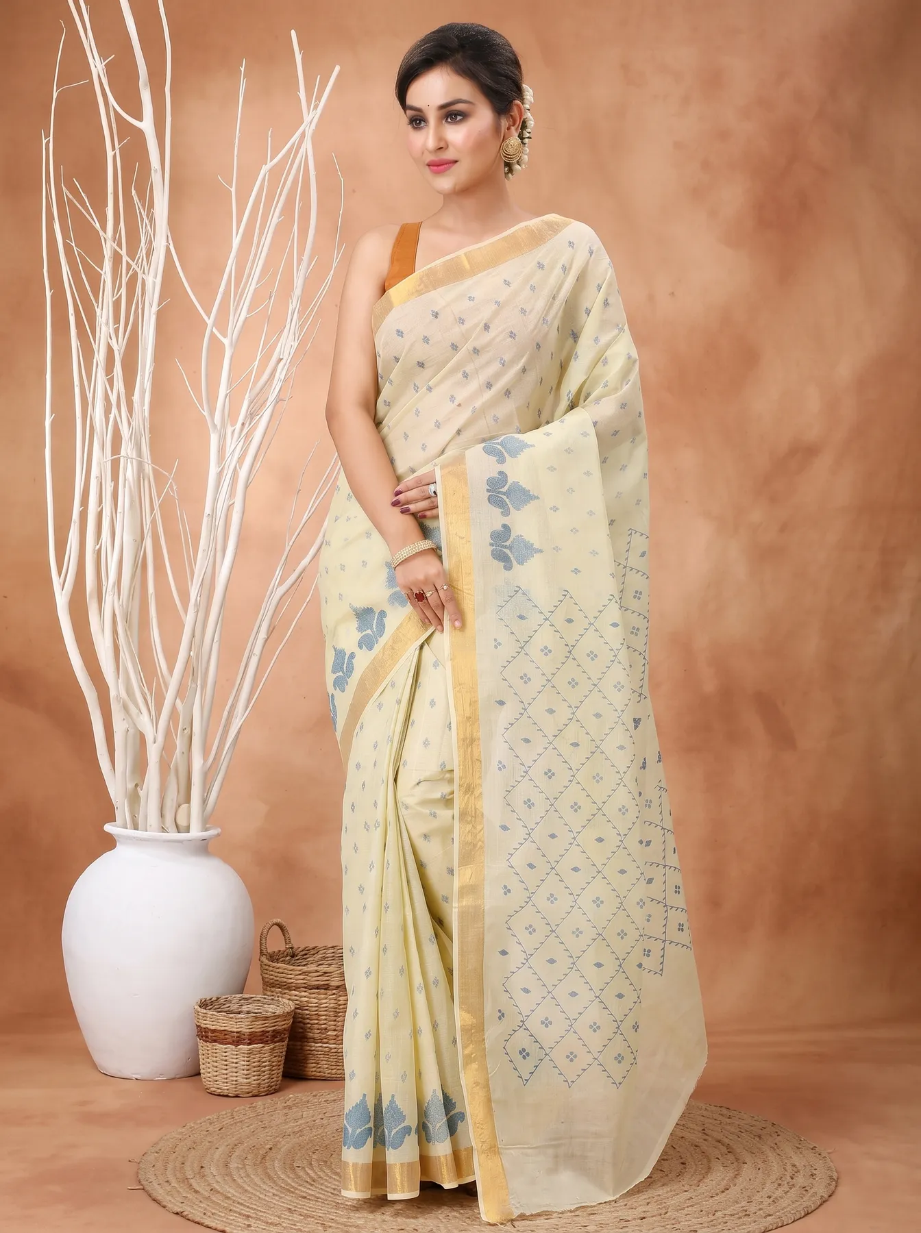 DipDiya Pure Cotton Light Brown Luvya Woven by Hand Printed Tant Sarees