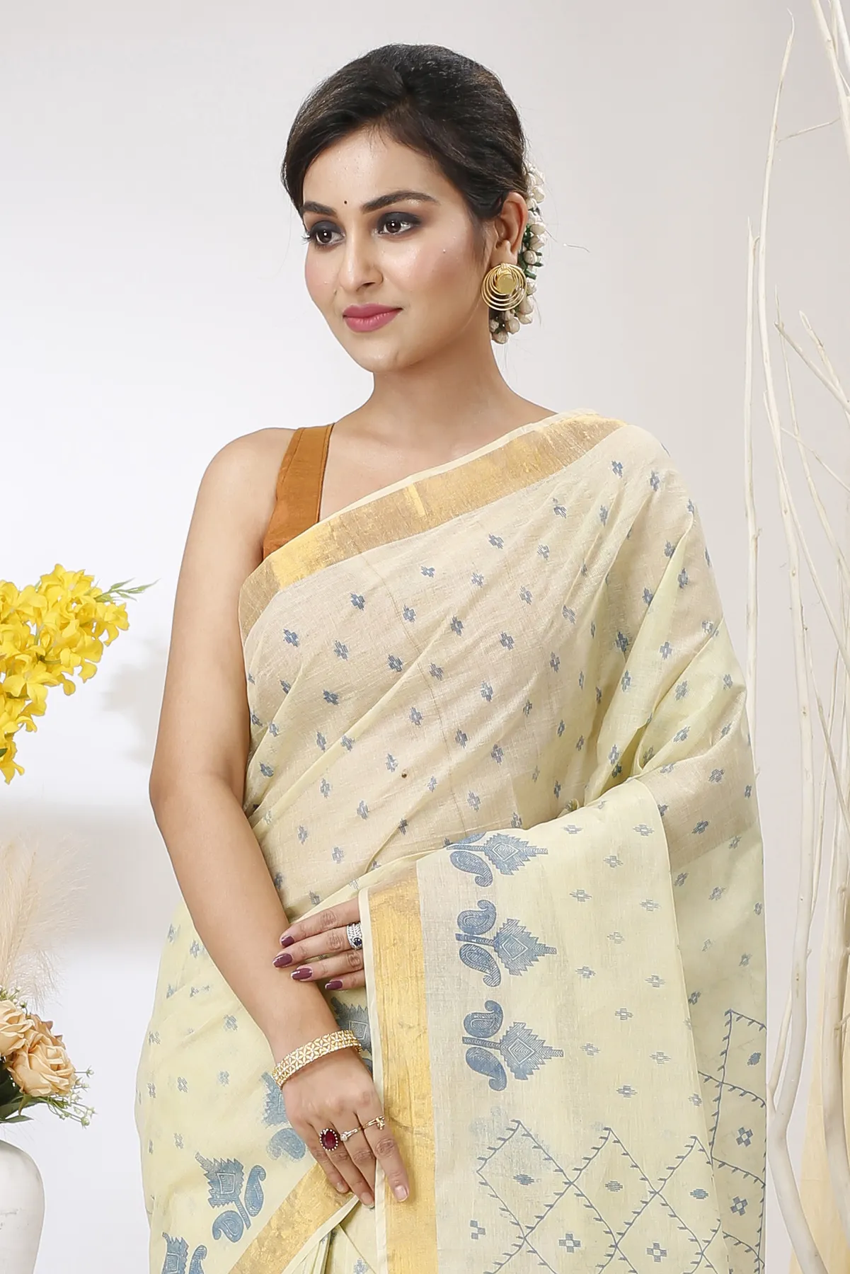 DipDiya Pure Cotton Light Brown Luvya Woven by Hand Printed Tant Sarees