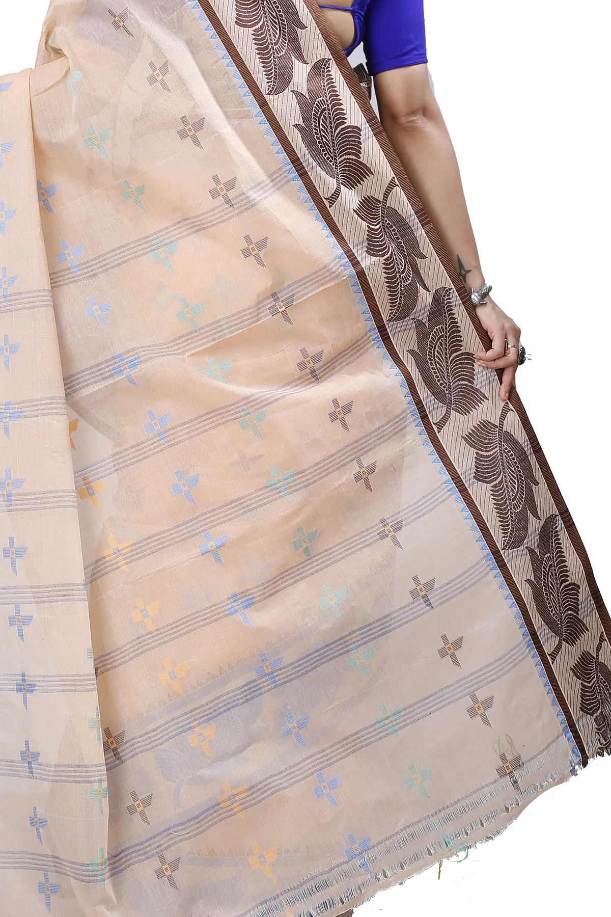 DipDiya Pure Cotton Light Brown Rowan Artisan Woven Tant Sarees