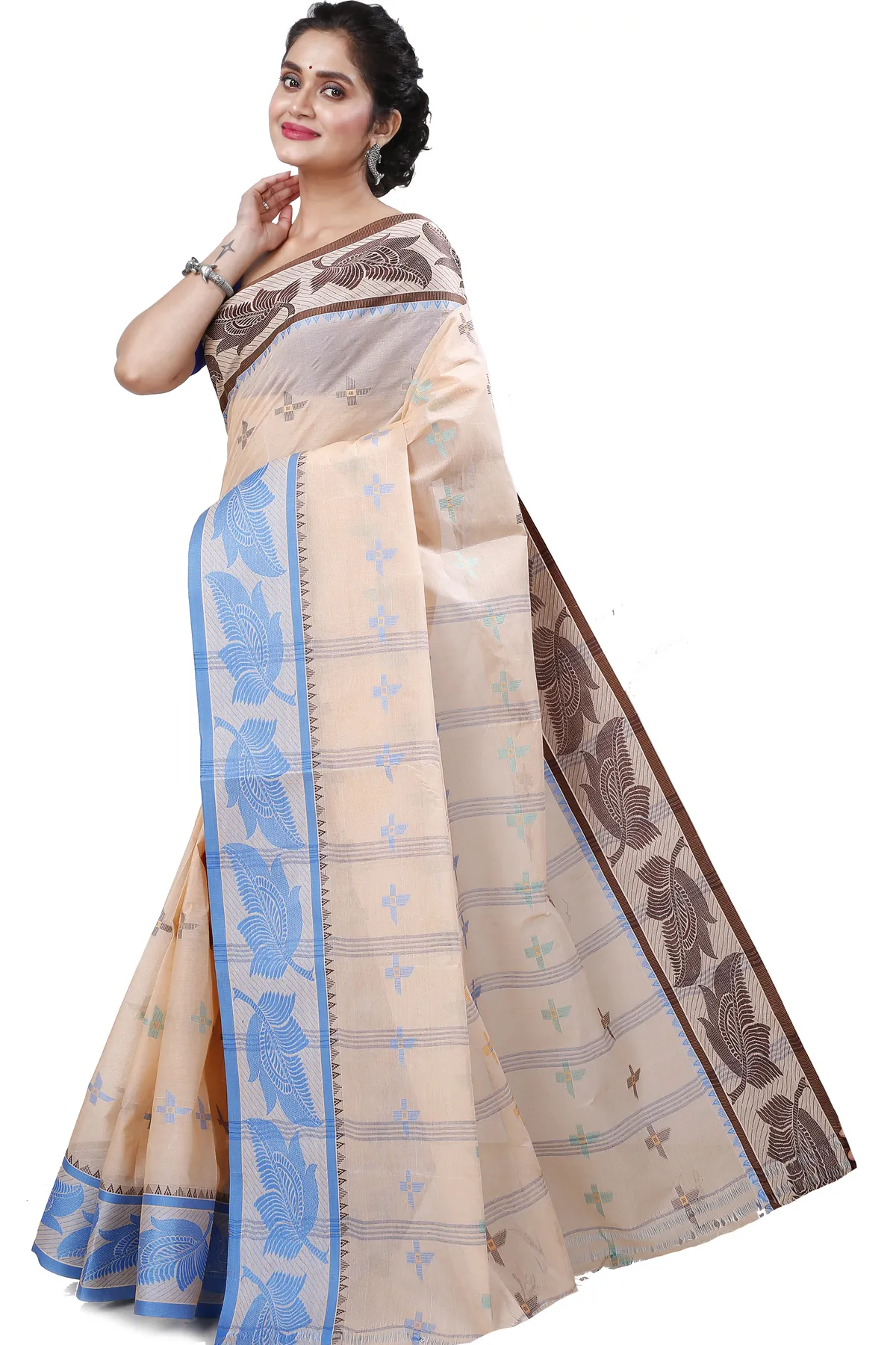 DipDiya Pure Cotton Light Brown Rowan Artisan Woven Tant Sarees