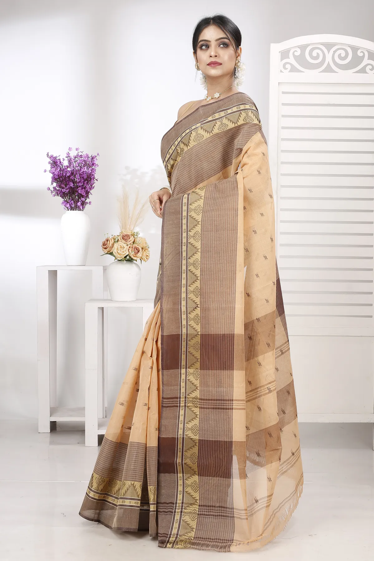 DipDiya Pure Cotton Light Brown Suto Timeless Elegance Tant Sarees