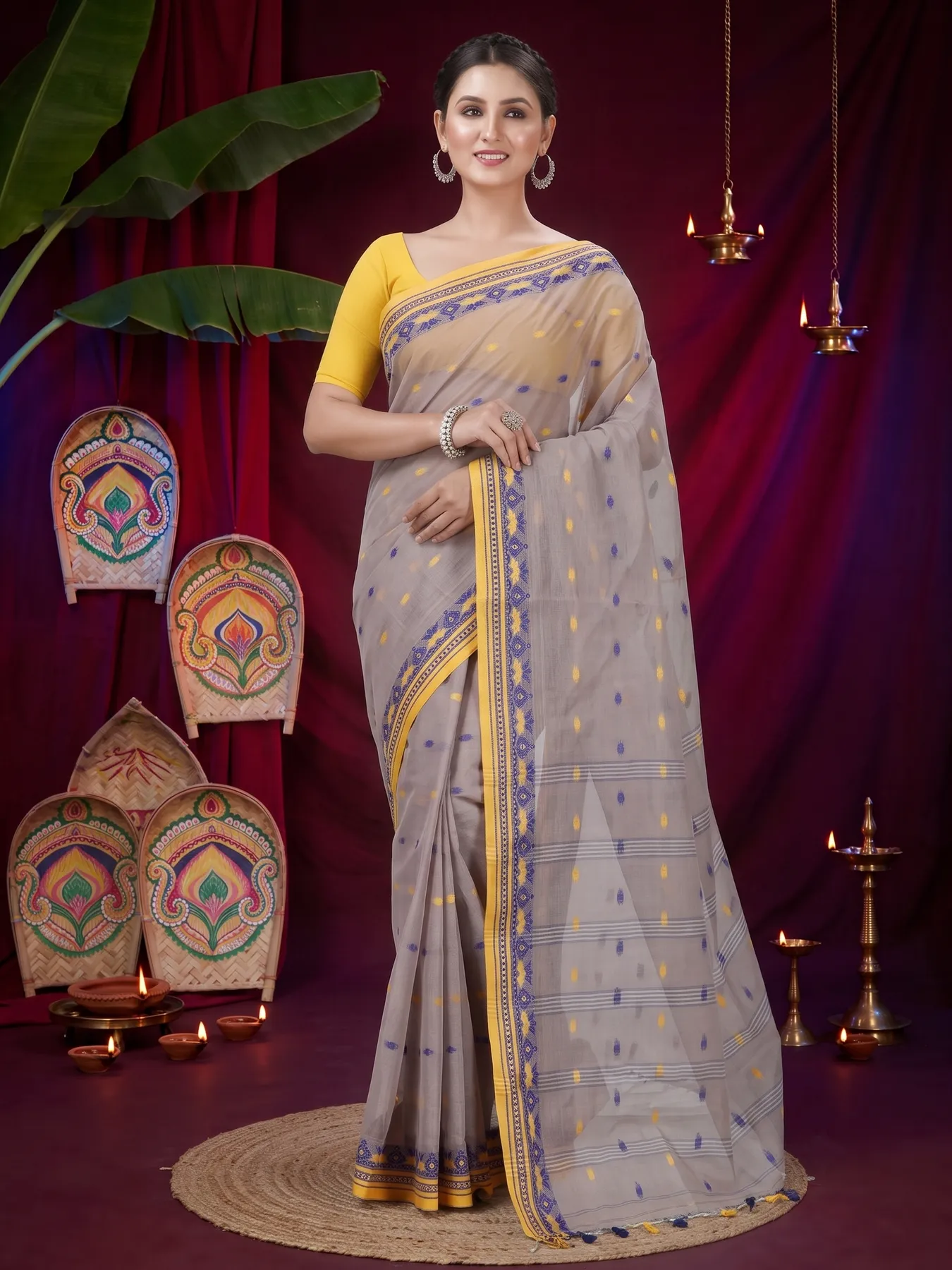 DipDiya Pure Cotton Light Brown Uvra Classic Bengali Tant Sarees