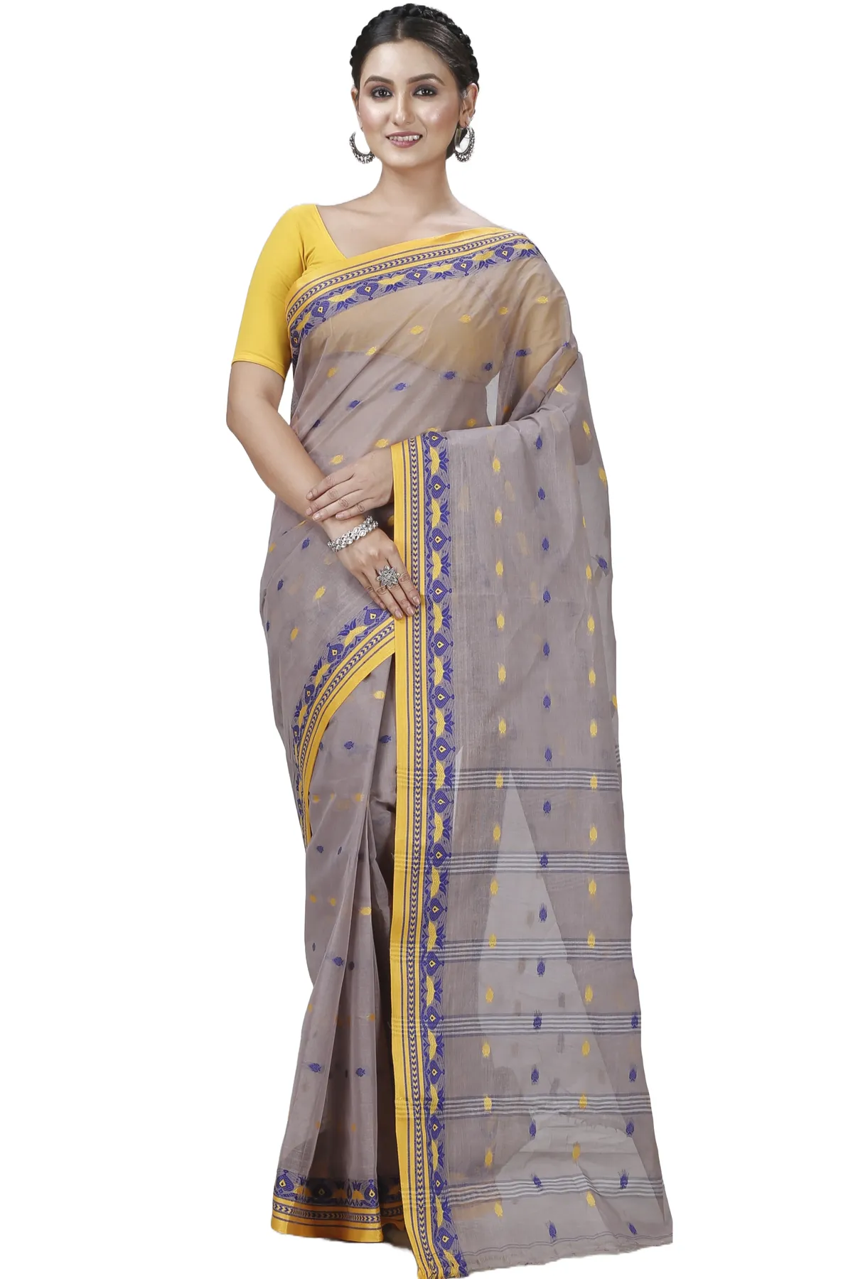 DipDiya Pure Cotton Light Brown Uvra Classic Bengali Tant Sarees