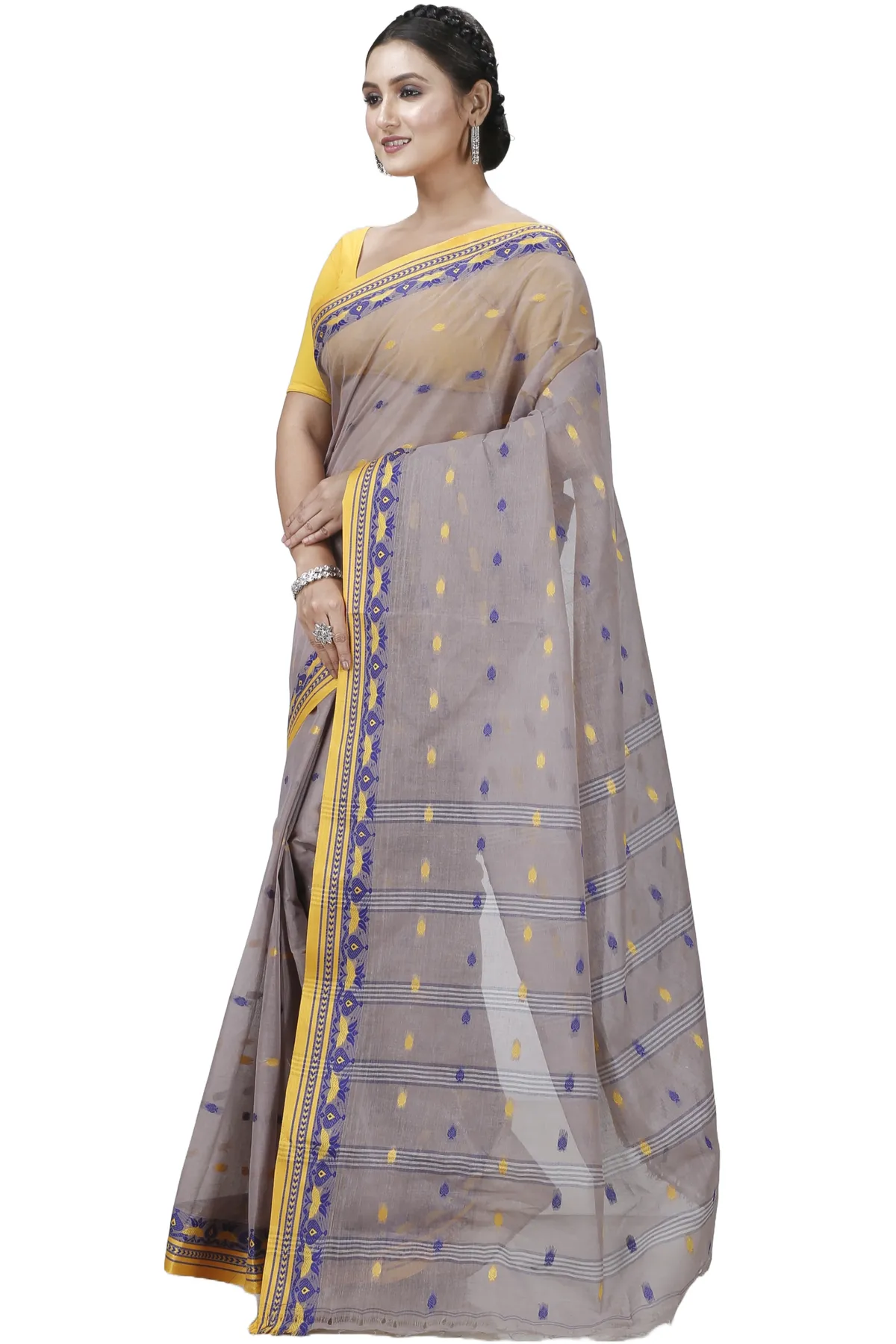 DipDiya Pure Cotton Light Brown Uvra Classic Bengali Tant Sarees