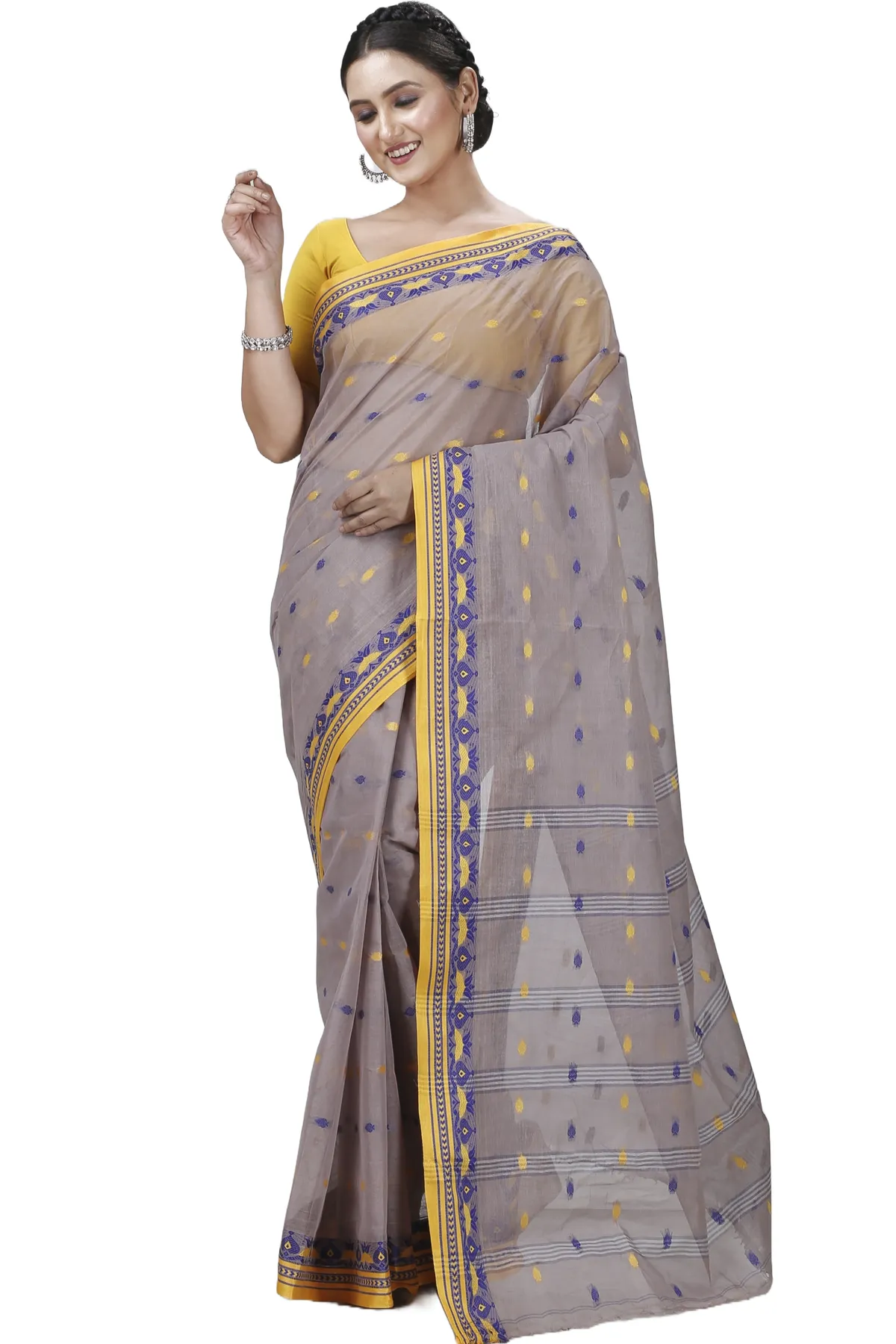 DipDiya Pure Cotton Light Brown Uvra Classic Bengali Tant Sarees