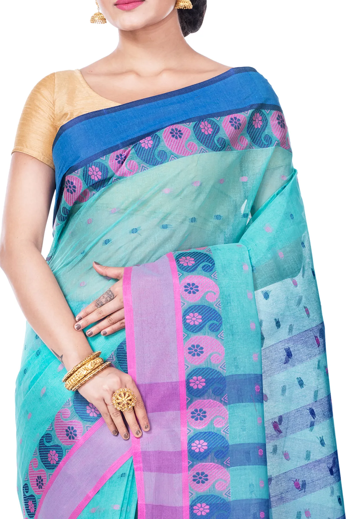 DipDiya Pure Cotton Light Green Amkolka Par Crafted with Soul Tant Sarees