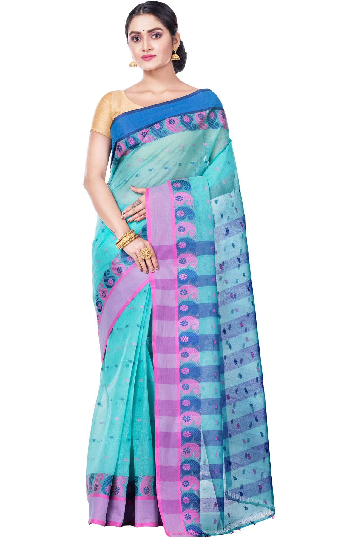 DipDiya Pure Cotton Light Green Amkolka Par Crafted with Soul Tant Sarees