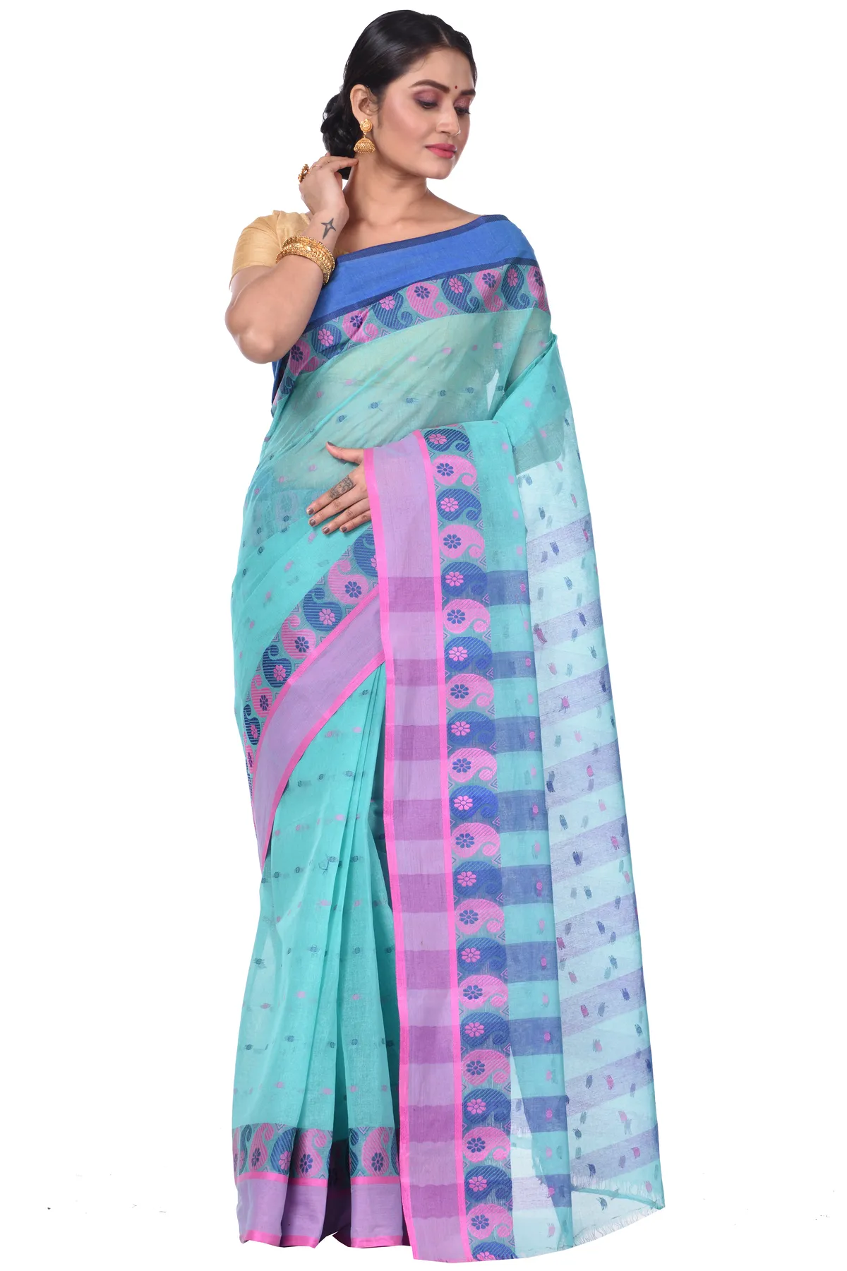 DipDiya Pure Cotton Light Green Amkolka Par Crafted with Soul Tant Sarees