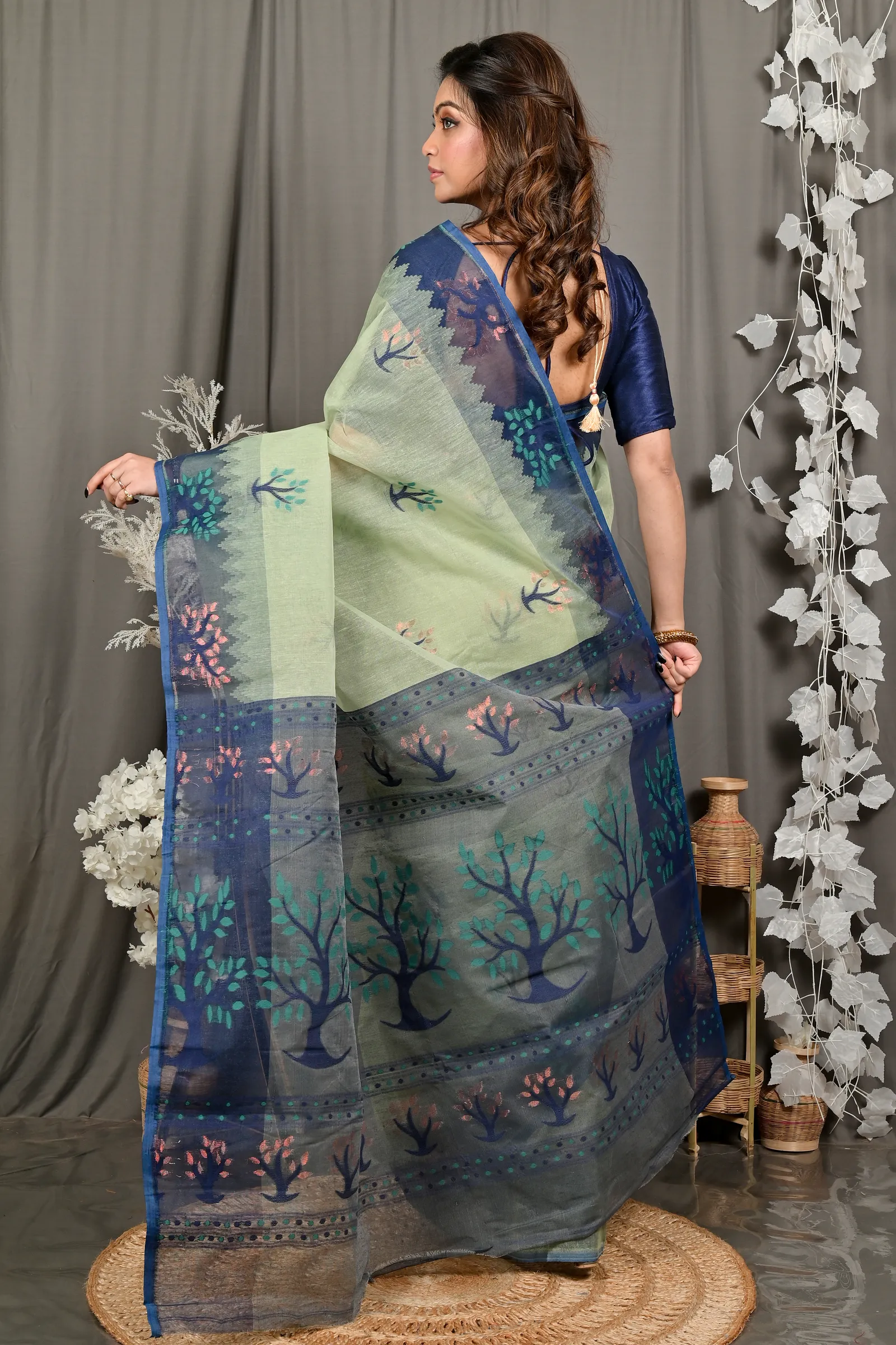 DipDiya Pure Cotton Light Green Blue Fevai Handcrafted Elegance Jamdani Sarees