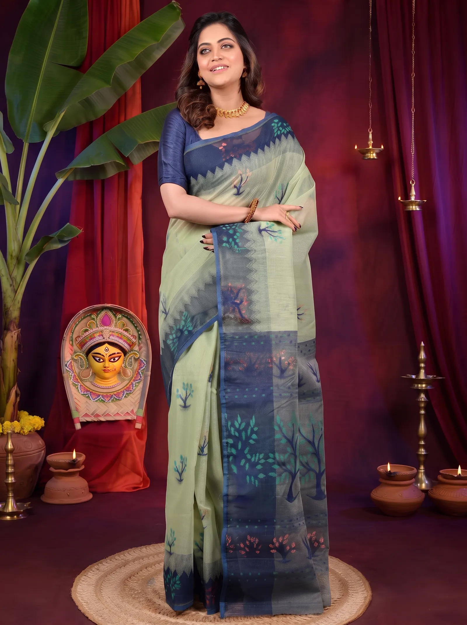 DipDiya Pure Cotton Light Green Blue Fevai Handcrafted Elegance Jamdani Sarees