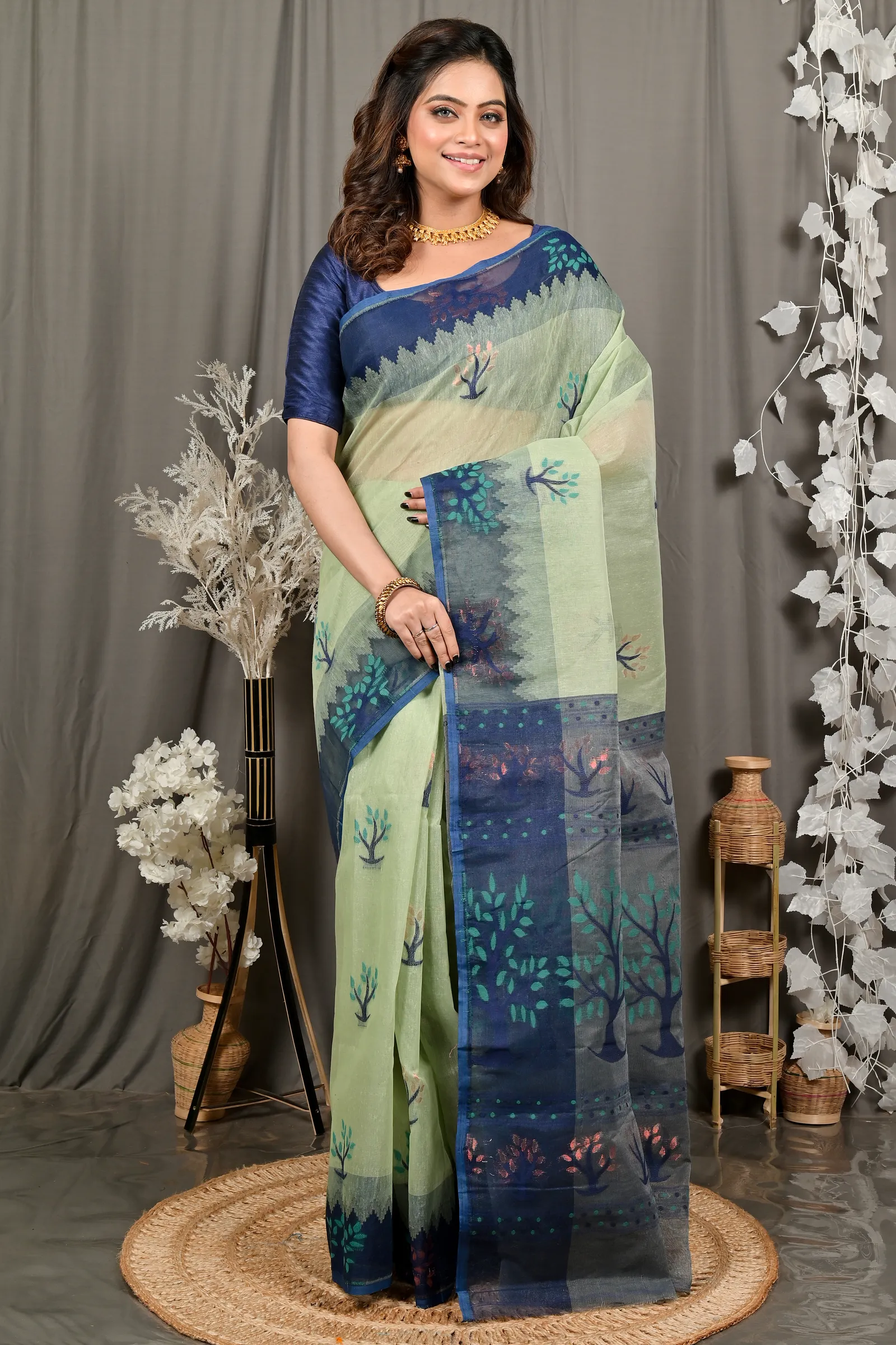 DipDiya Pure Cotton Light Green Blue Fevai Handcrafted Elegance Jamdani Sarees
