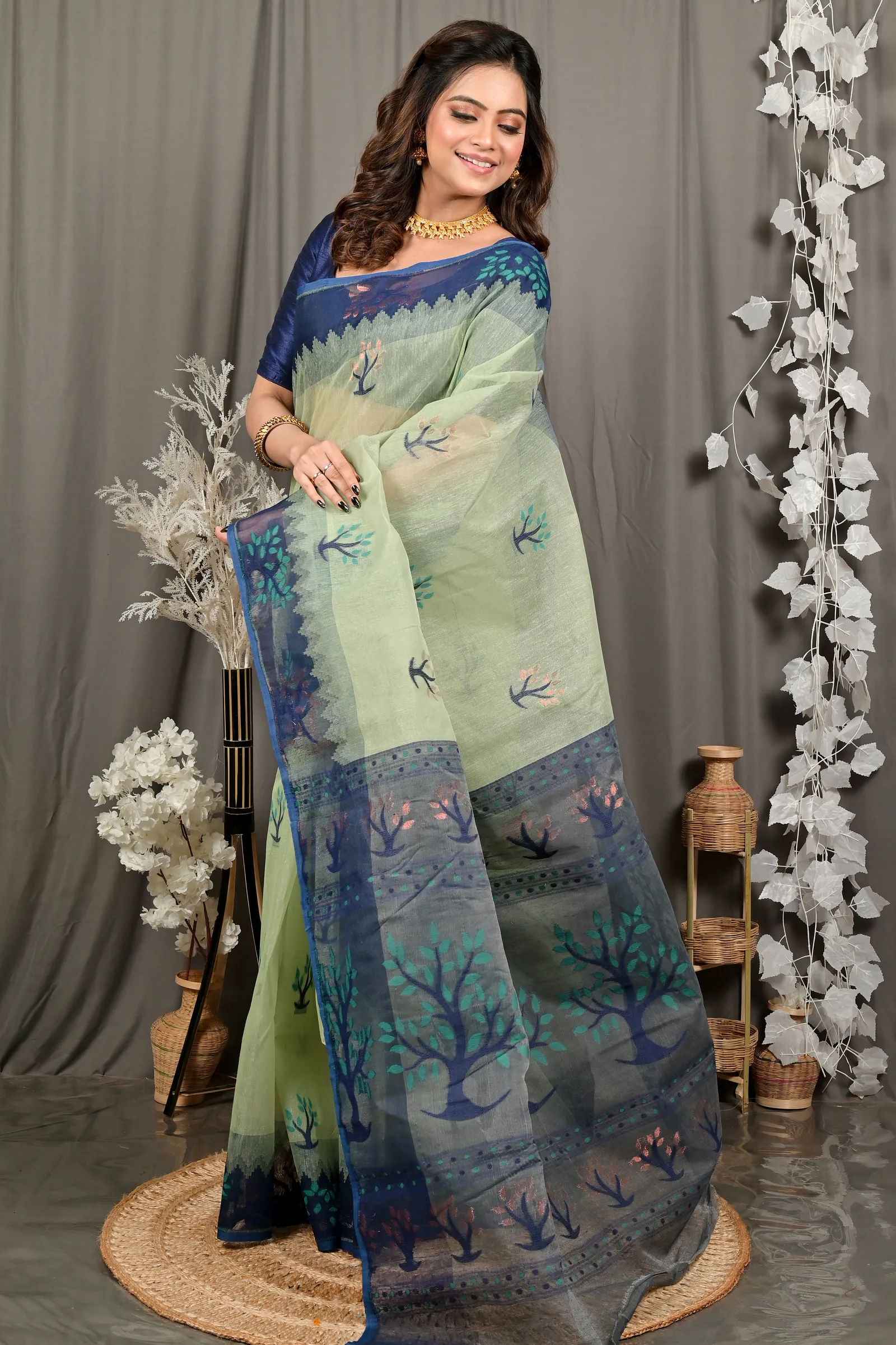 DipDiya Pure Cotton Light Green Blue Fevai Handcrafted Elegance Jamdani Sarees