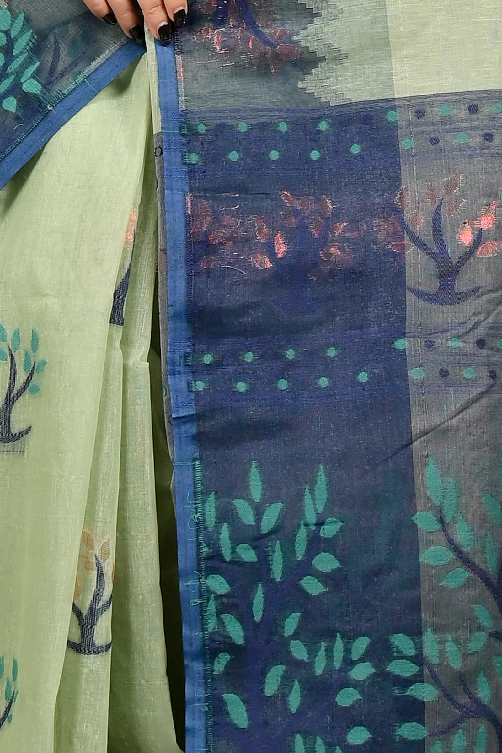 DipDiya Pure Cotton Light Green Blue Fevai Handcrafted Elegance Jamdani Sarees