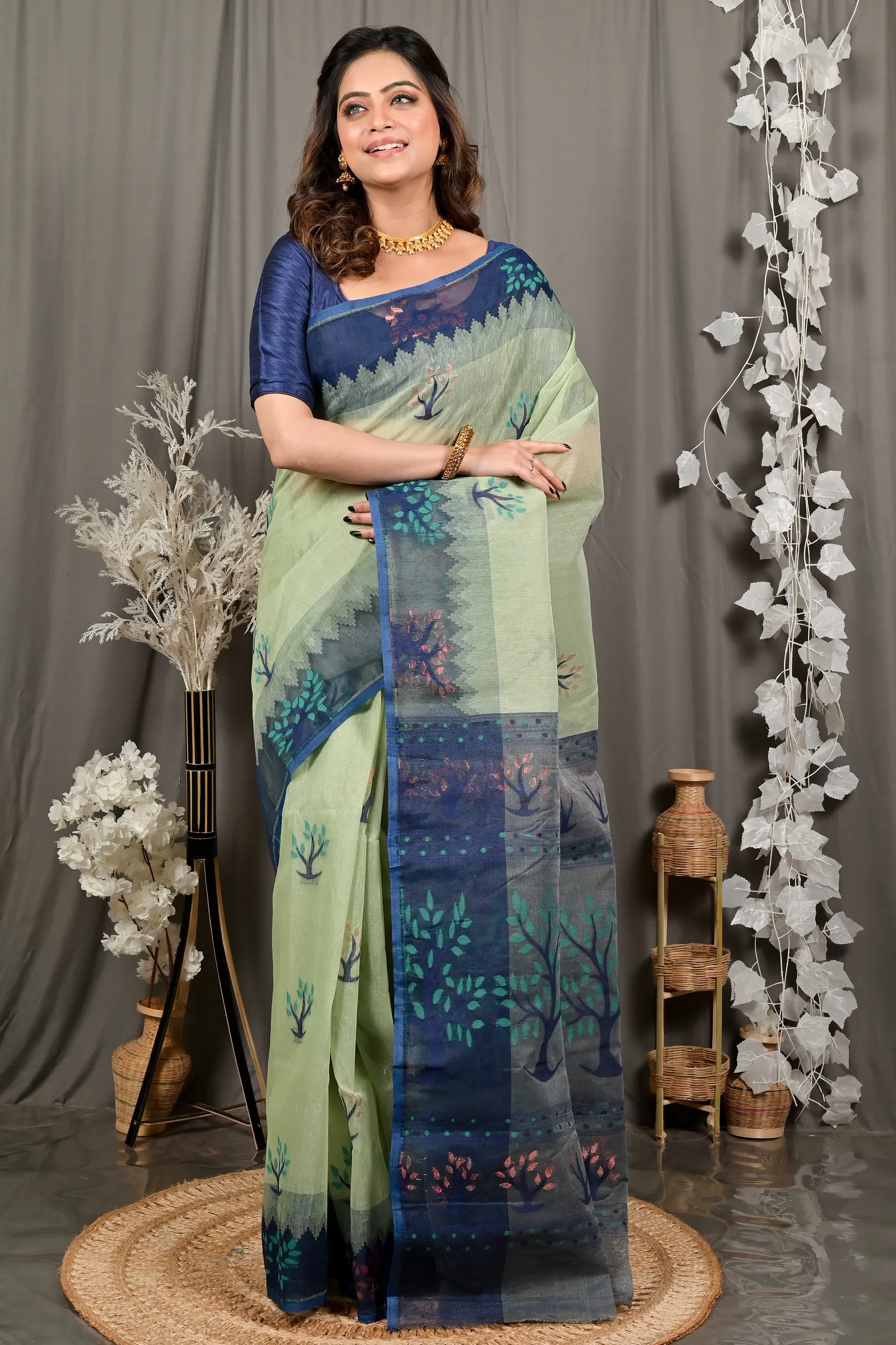 DipDiya Pure Cotton Light Green Blue Fevai Handcrafted Elegance Jamdani Sarees