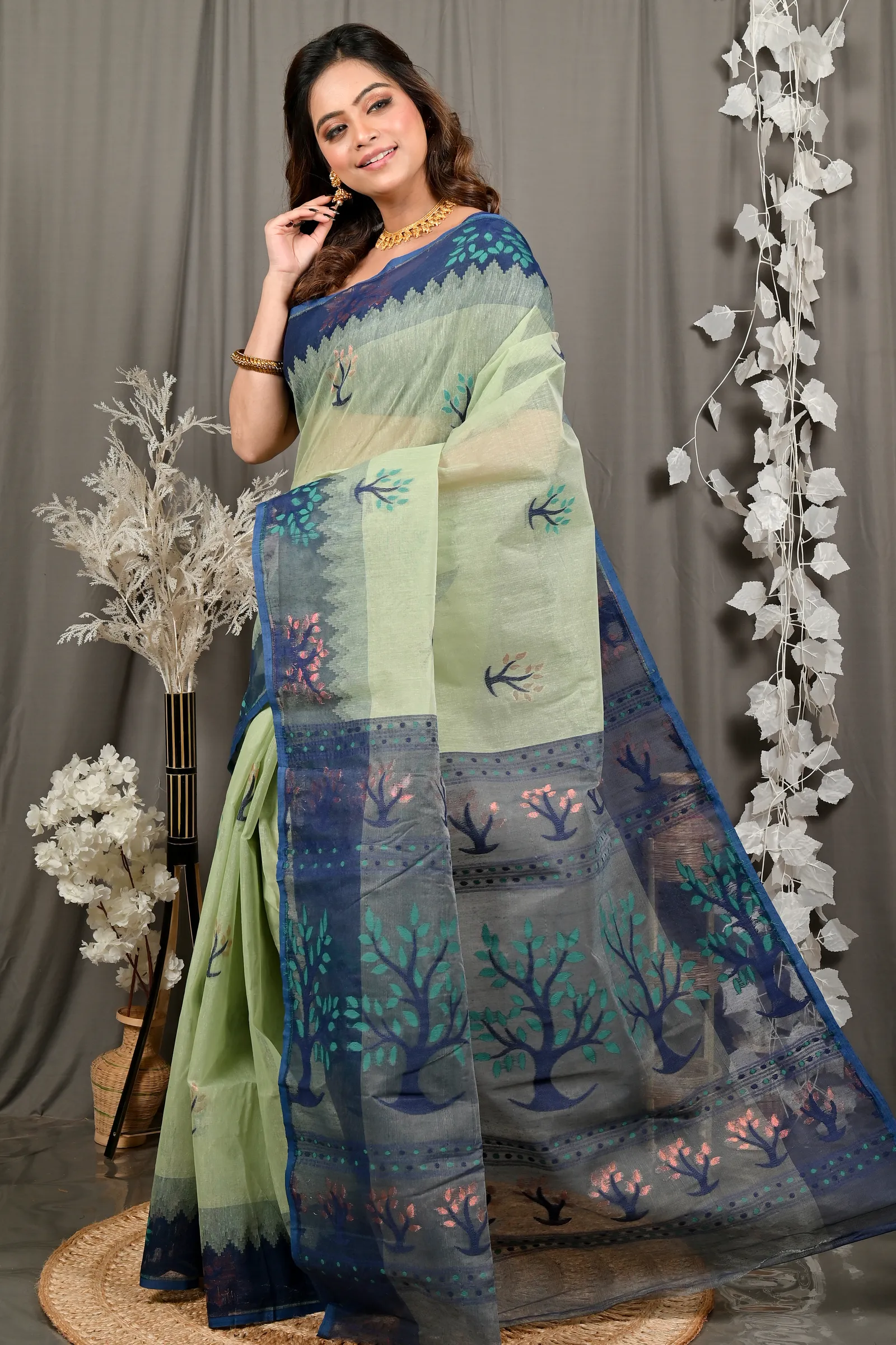 DipDiya Pure Cotton Light Green Blue Fevai Handcrafted Elegance Jamdani Sarees