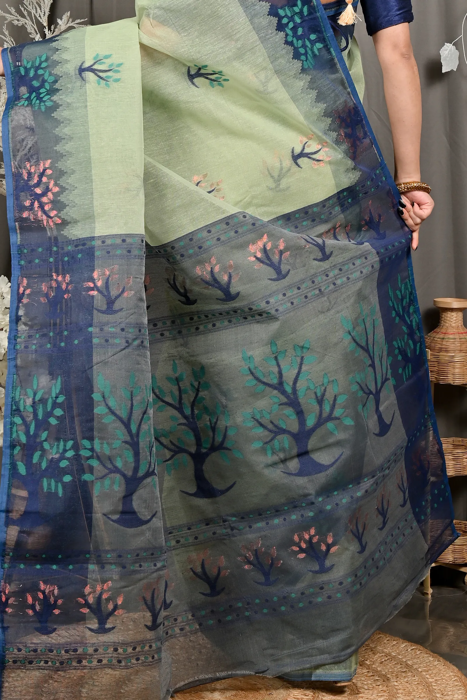 DipDiya Pure Cotton Light Green Blue Fevai Handcrafted Elegance Jamdani Sarees