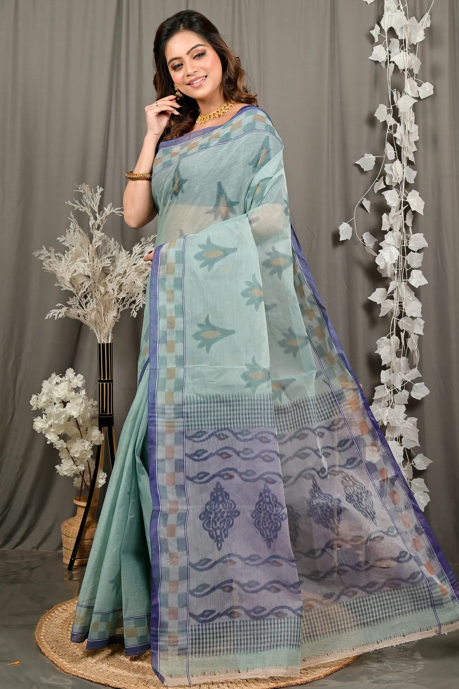 DipDiya Pure Cotton Light Green Devai Masterfully Woven Printed Tant Sarees