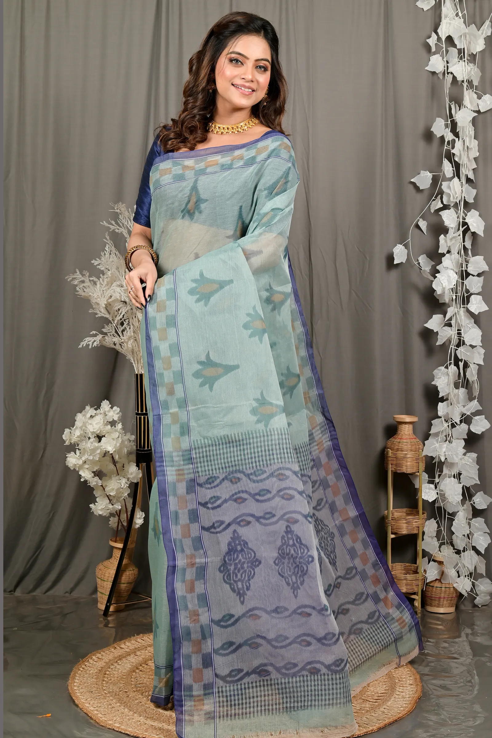 DipDiya Pure Cotton Light Green Devai Masterfully Woven Printed Tant Sarees