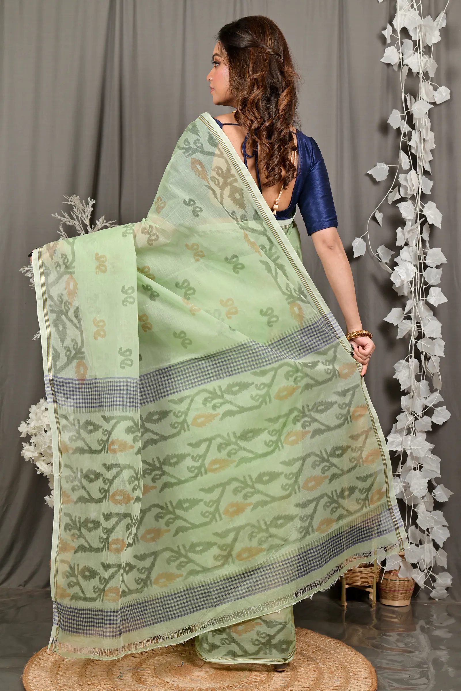DipDiya Pure Cotton Light Green Divani Woven by Hand Printed Tant Sarees