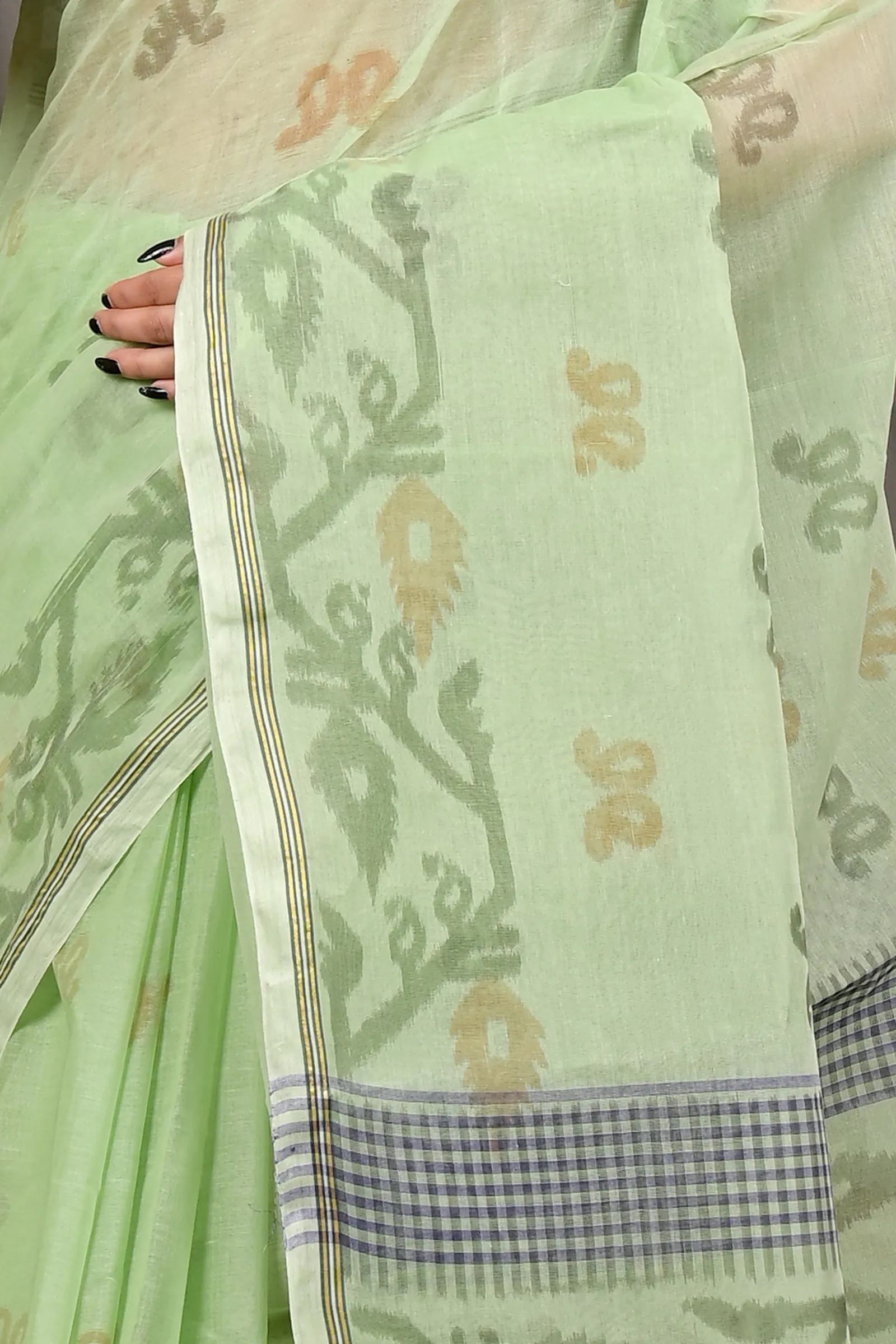 DipDiya Pure Cotton Light Green Divani Woven by Hand Printed Tant Sarees