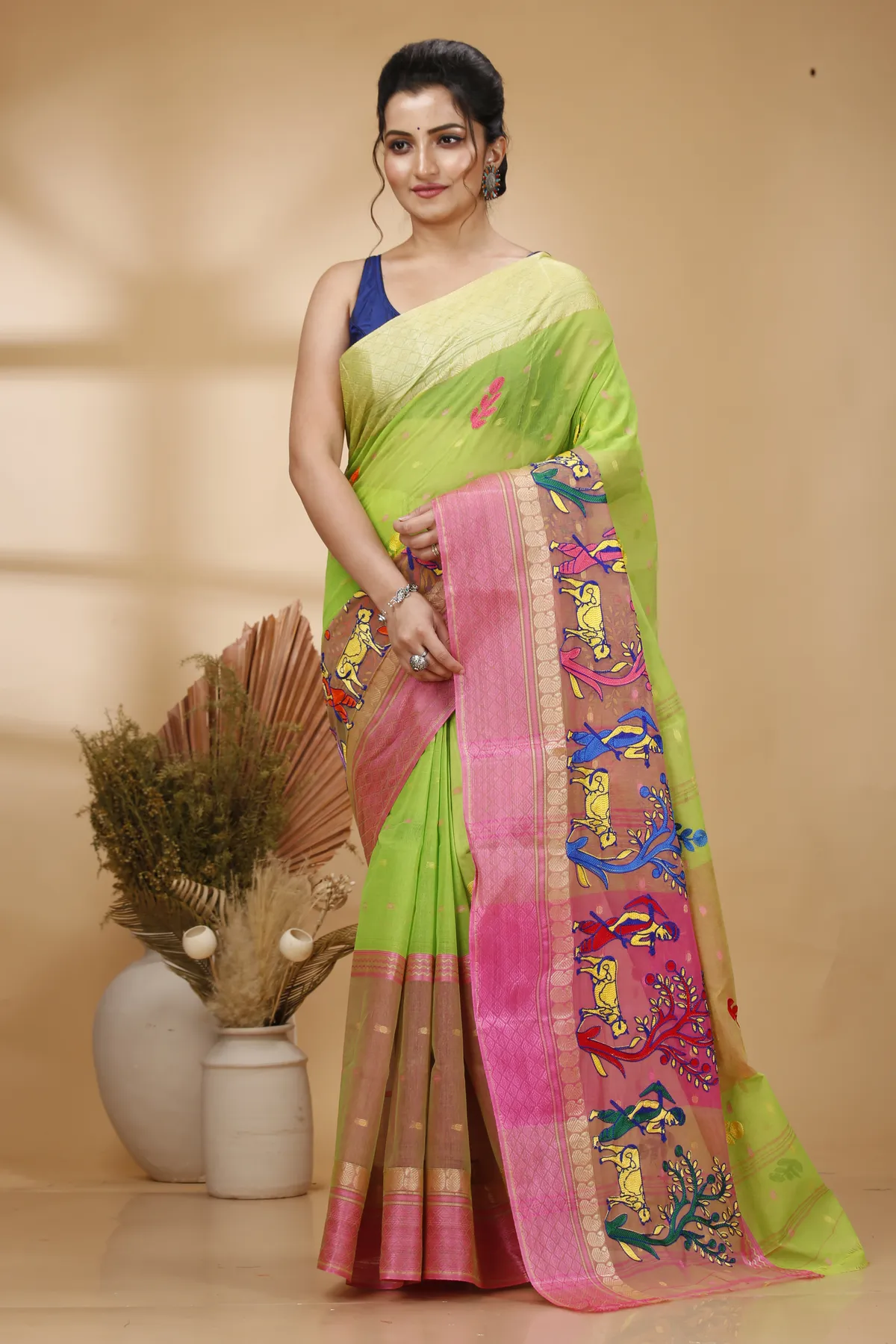 DipDiya Pure Cotton Light Green Embi Ganga Agri Regal Bengali Embroidery Tant Sarees