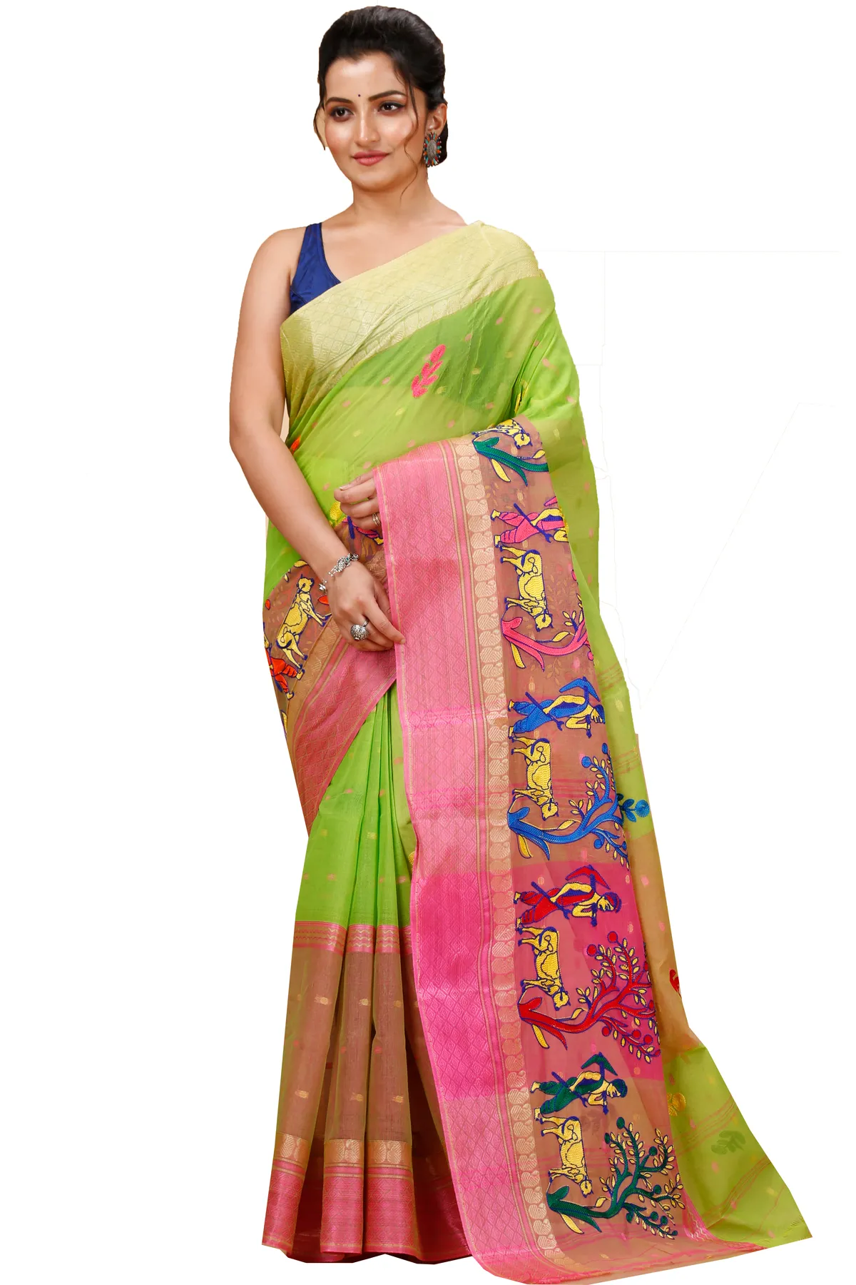 DipDiya Pure Cotton Light Green Embi Ganga Agri Regal Bengali Embroidery Tant Sarees