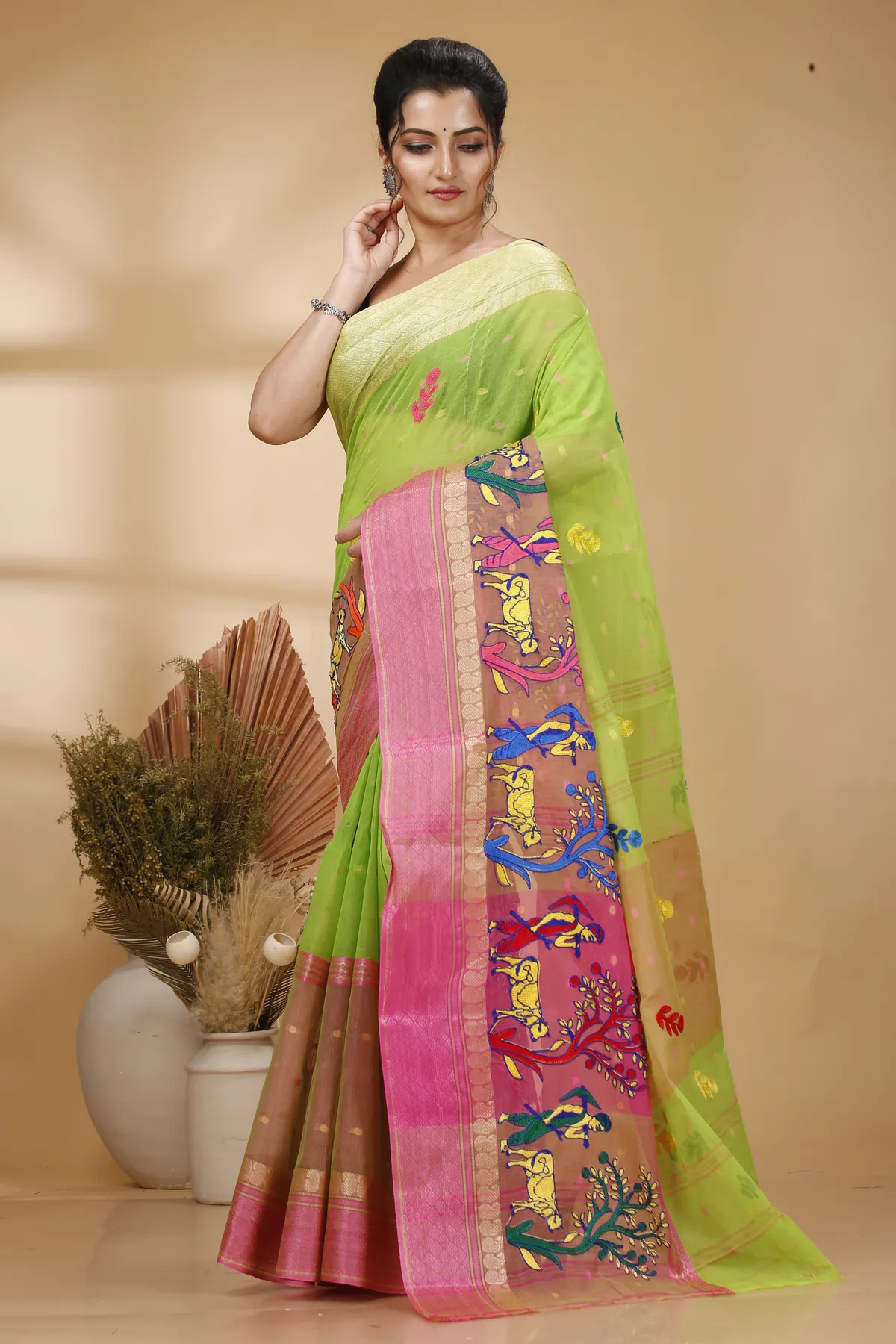 DipDiya Pure Cotton Light Green Embi Ganga Agri Regal Bengali Embroidery Tant Sarees
