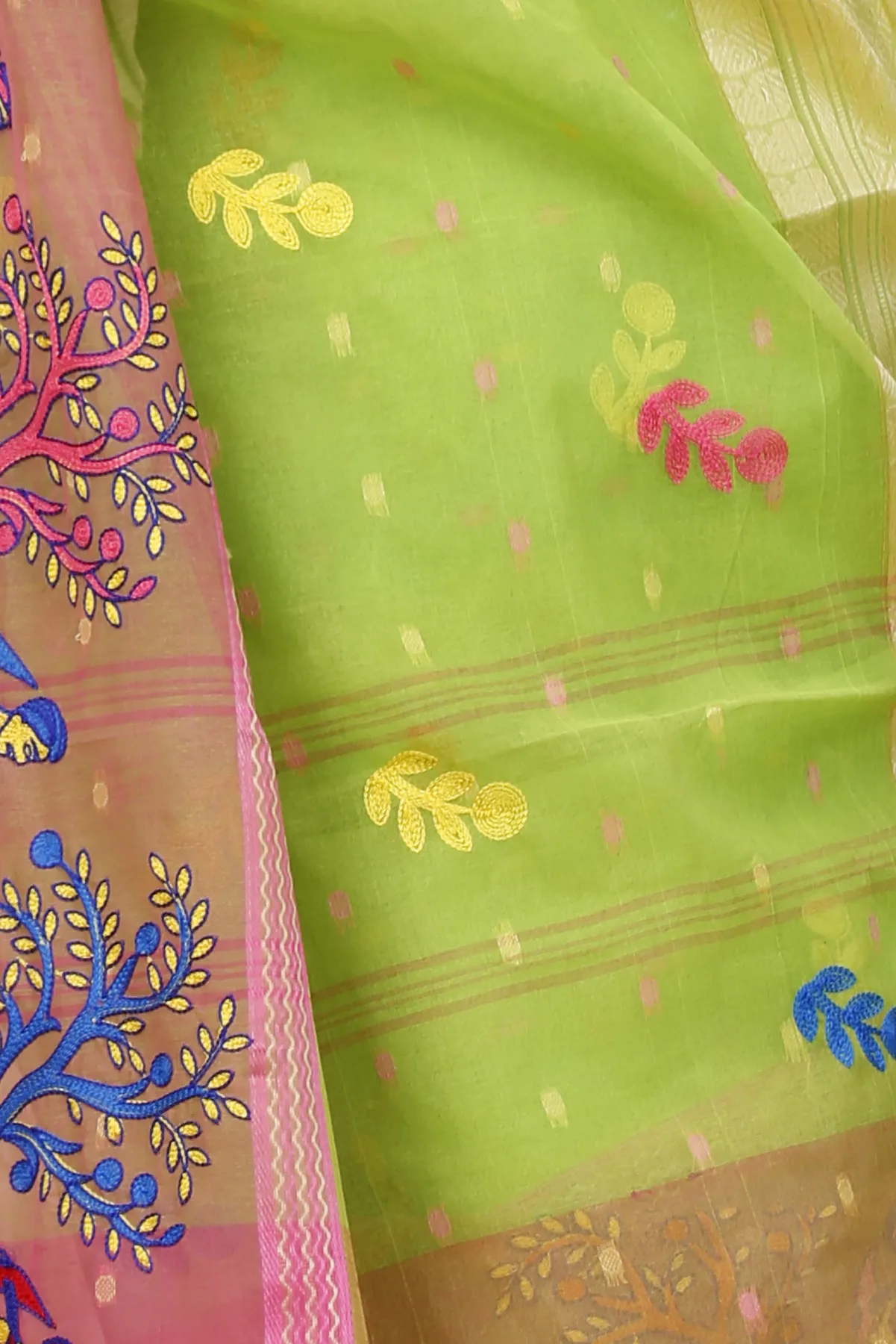 DipDiya Pure Cotton Light Green Embi Ganga Agri Regal Bengali Embroidery Tant Sarees
