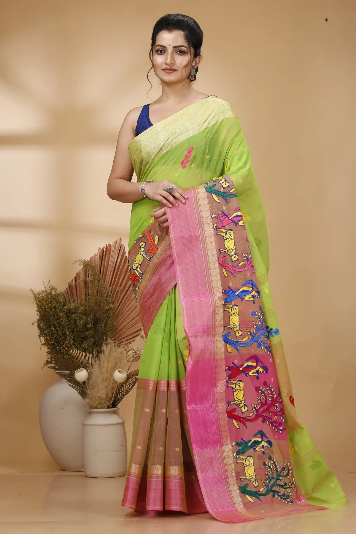 DipDiya Pure Cotton Light Green Embi Ganga Agri Regal Bengali Embroidery Tant Sarees