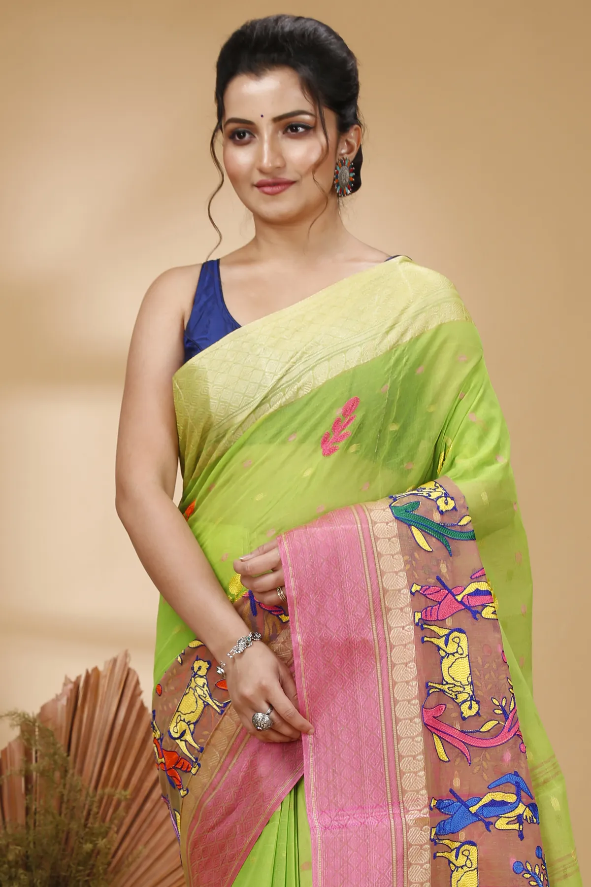 DipDiya Pure Cotton Light Green Embi Ganga Agri Regal Bengali Embroidery Tant Sarees