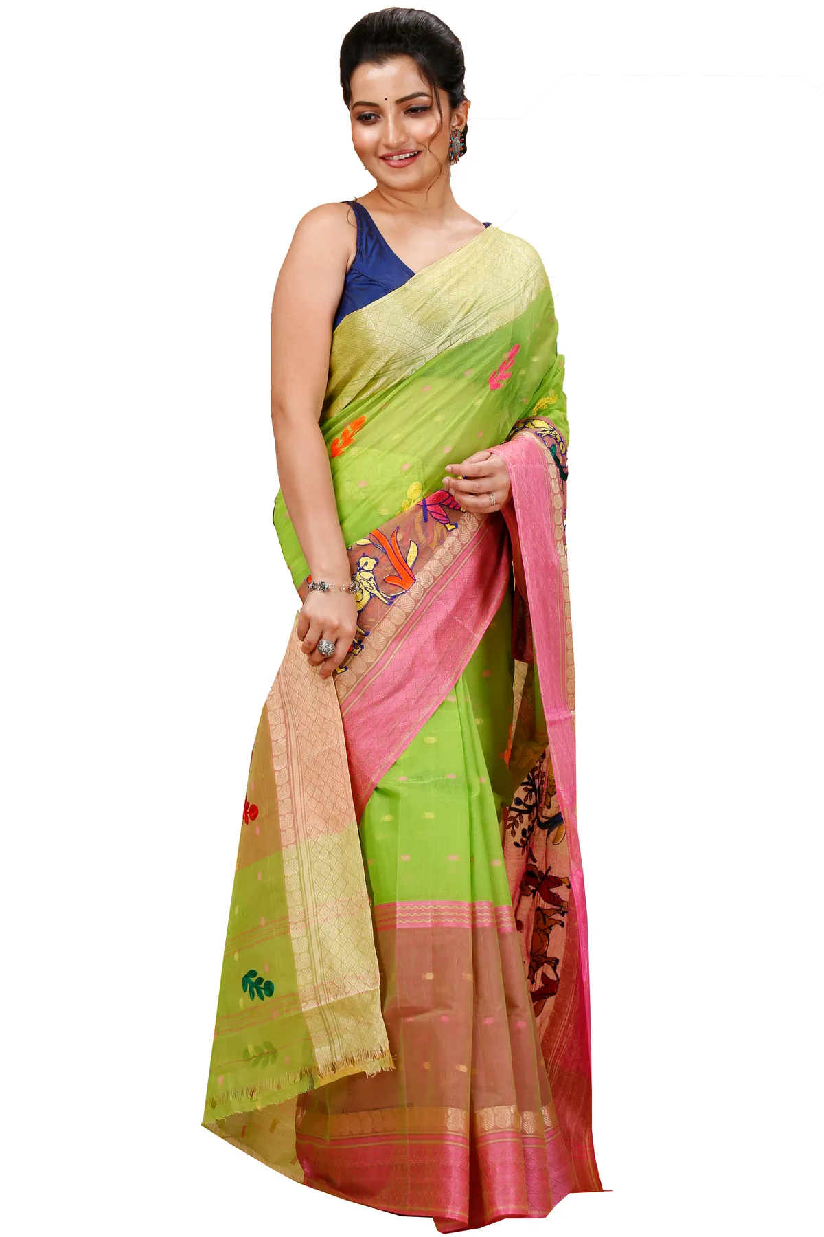DipDiya Pure Cotton Light Green Embi Ganga Agri Regal Bengali Embroidery Tant Sarees