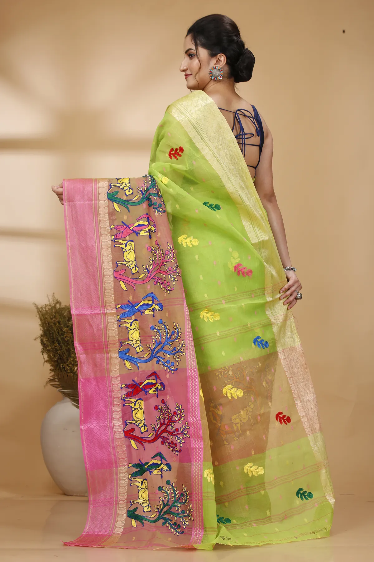 DipDiya Pure Cotton Light Green Embi Ganga Agri Regal Bengali Embroidery Tant Sarees