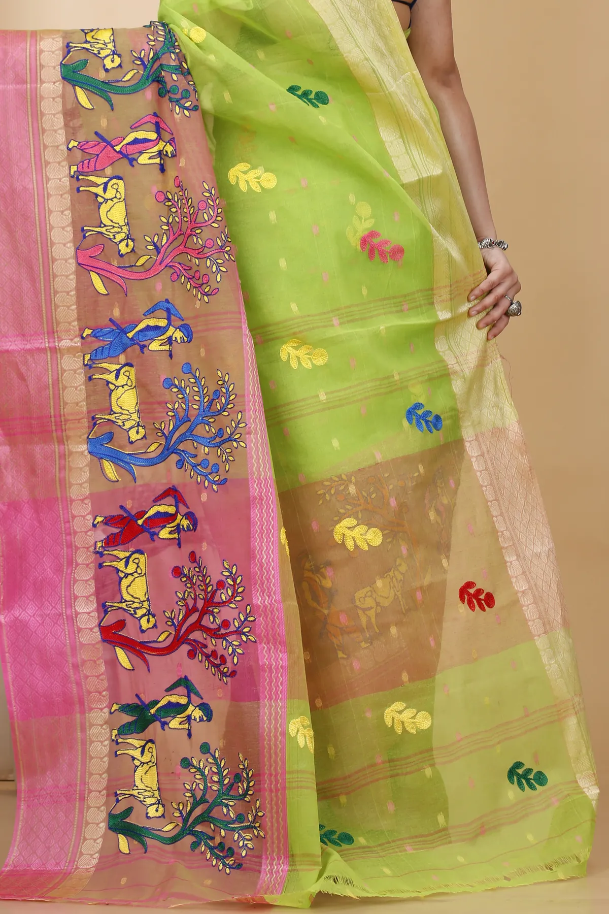 DipDiya Pure Cotton Light Green Embi Ganga Agri Regal Bengali Embroidery Tant Sarees