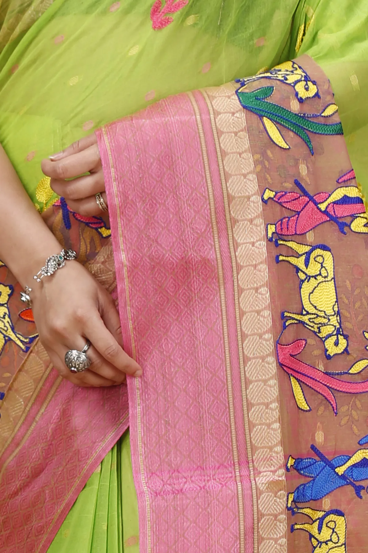 DipDiya Pure Cotton Light Green Embi Ganga Agri Regal Bengali Embroidery Tant Sarees