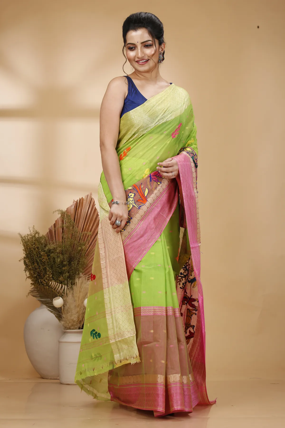 DipDiya Pure Cotton Light Green Embi Ganga Agri Regal Bengali Embroidery Tant Sarees
