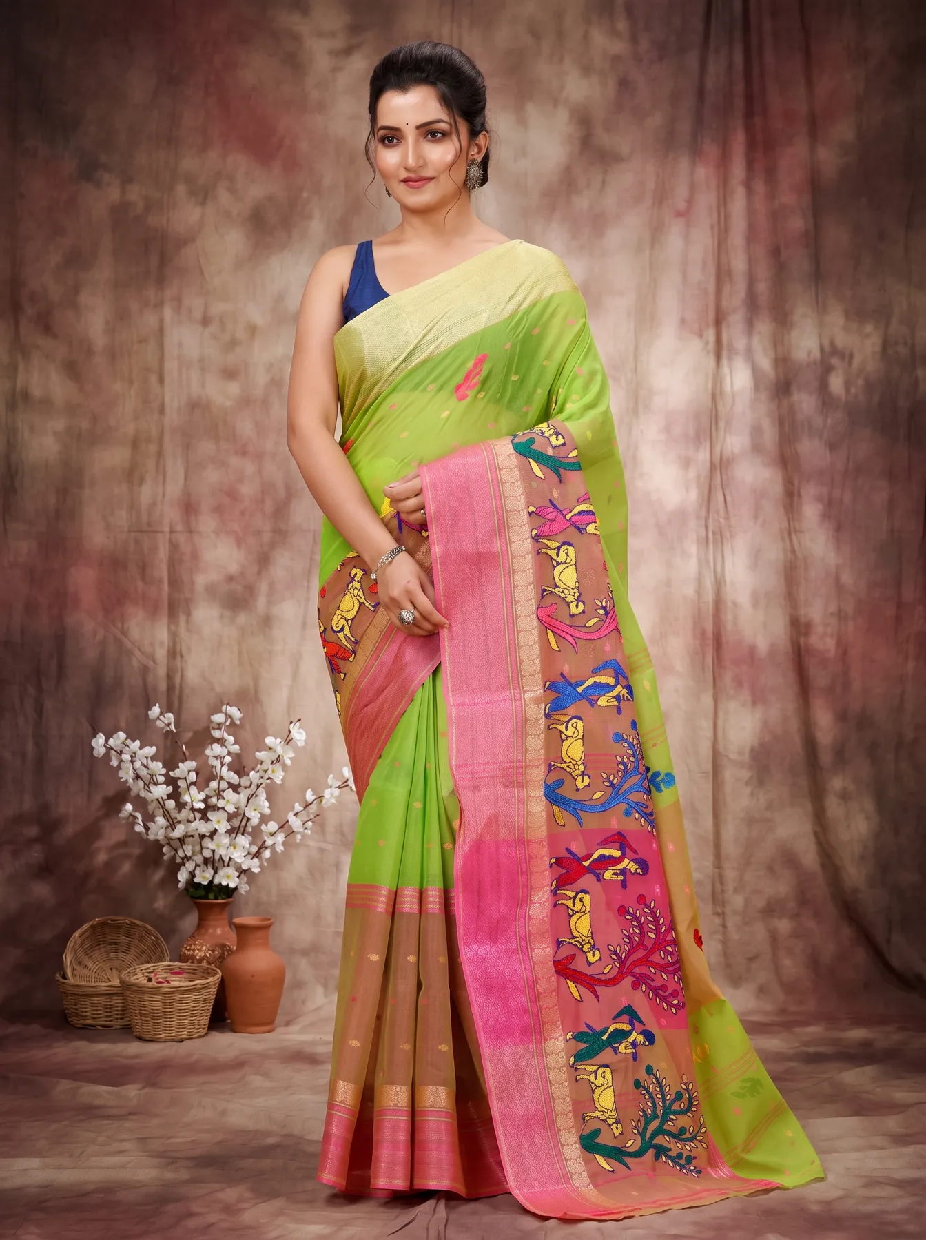 DipDiya Pure Cotton Light Green Embi Ganga Agri Regal Bengali Embroidery Tant Sarees