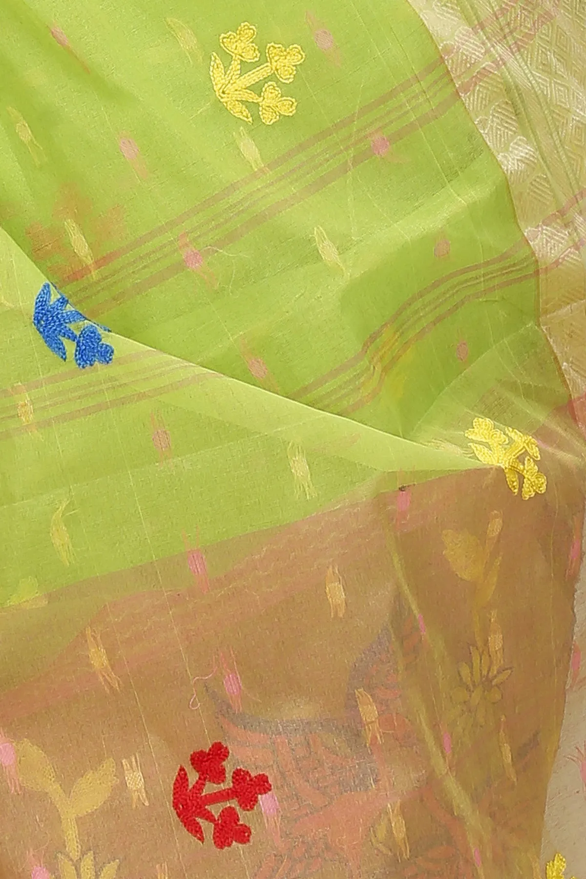 DipDiya Pure Cotton Light Green Embi Ganga Bok Woven by Hand Embroidery Tant Sarees