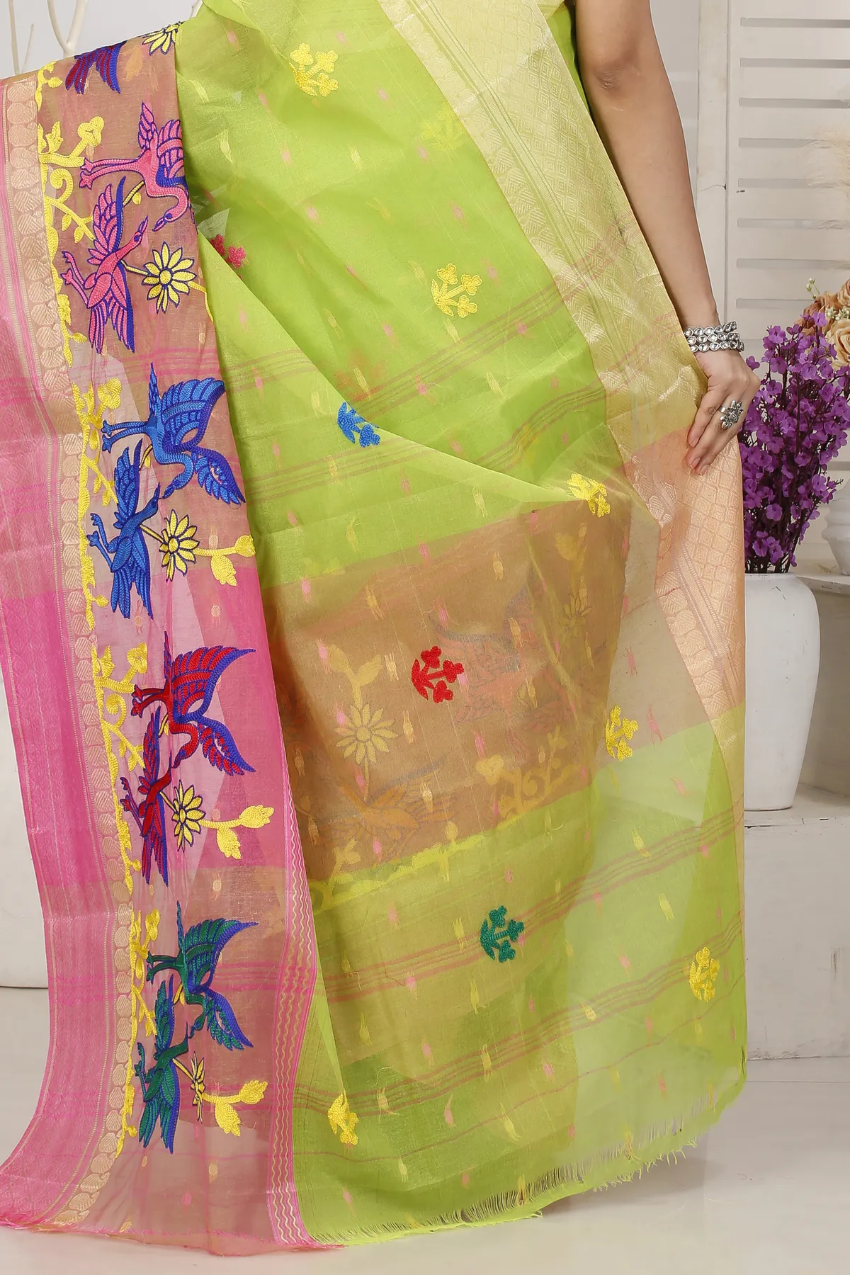 DipDiya Pure Cotton Light Green Embi Ganga Bok Woven by Hand Embroidery Tant Sarees