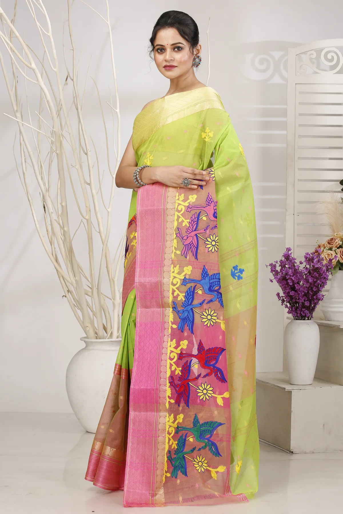 DipDiya Pure Cotton Light Green Embi Ganga Bok Woven by Hand Embroidery Tant Sarees