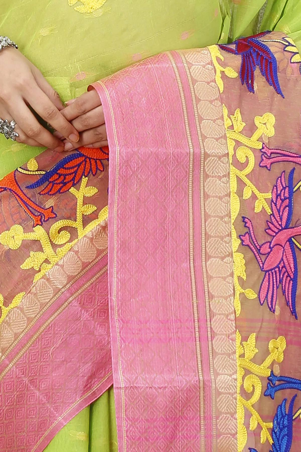 DipDiya Pure Cotton Light Green Embi Ganga Bok Woven by Hand Embroidery Tant Sarees