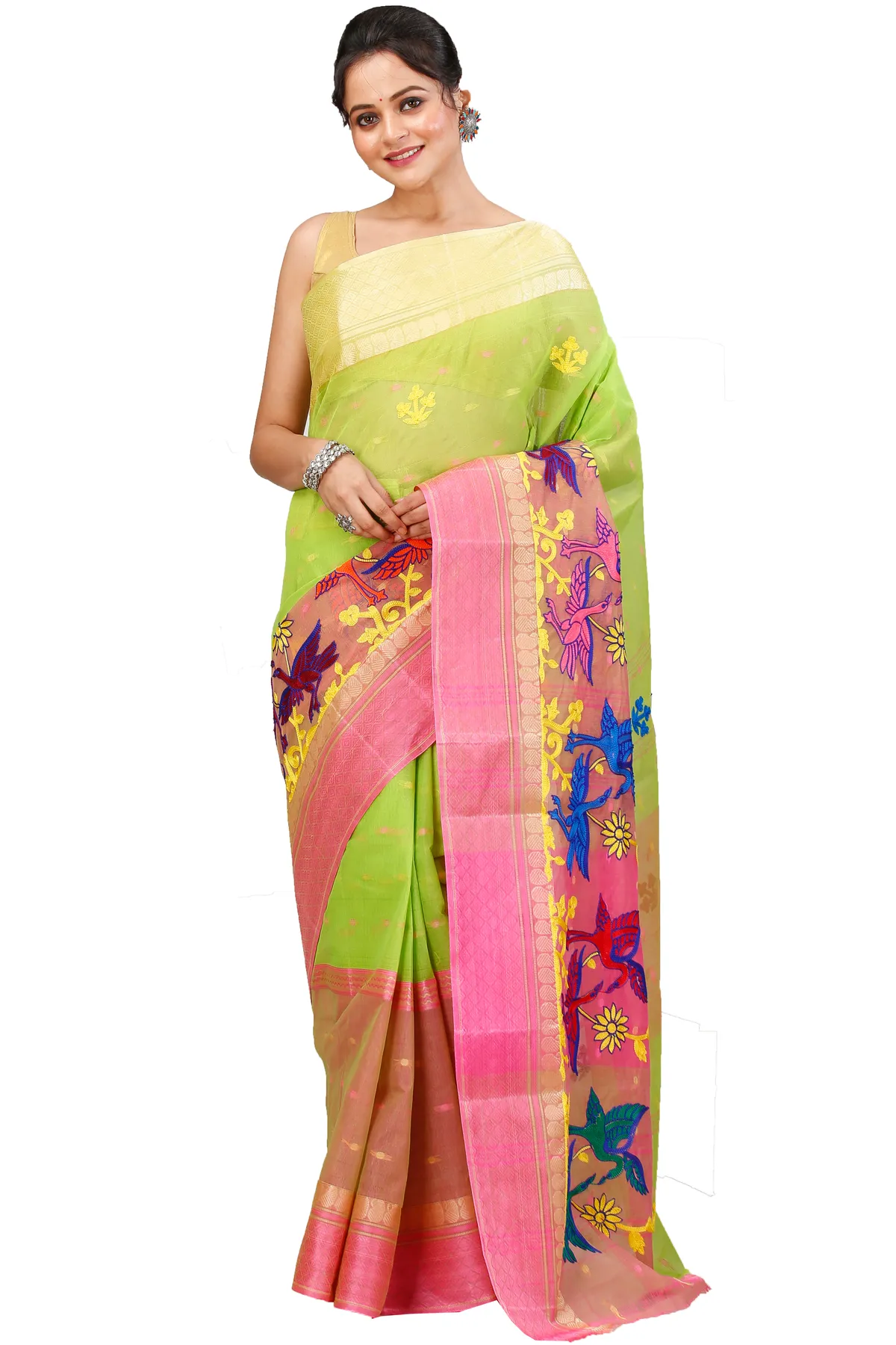 DipDiya Pure Cotton Light Green Embi Ganga Bok Woven by Hand Embroidery Tant Sarees