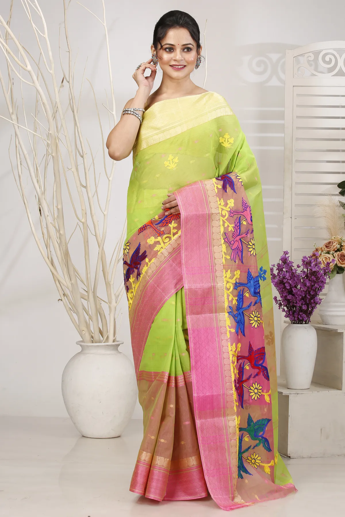 DipDiya Pure Cotton Light Green Embi Ganga Bok Woven by Hand Embroidery Tant Sarees