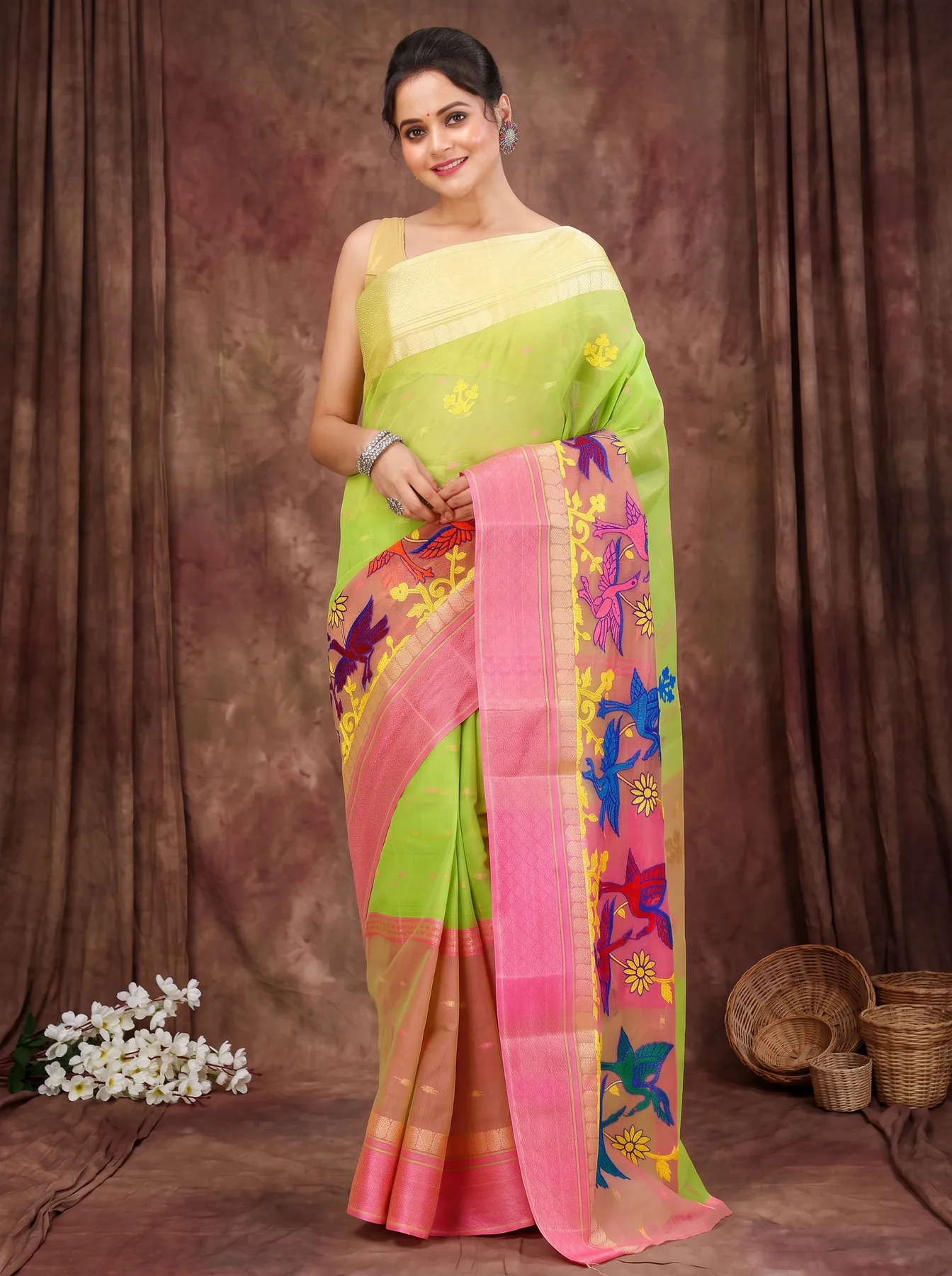 DipDiya Pure Cotton Light Green Embi Ganga Bok Woven by Hand Embroidery Tant Sarees