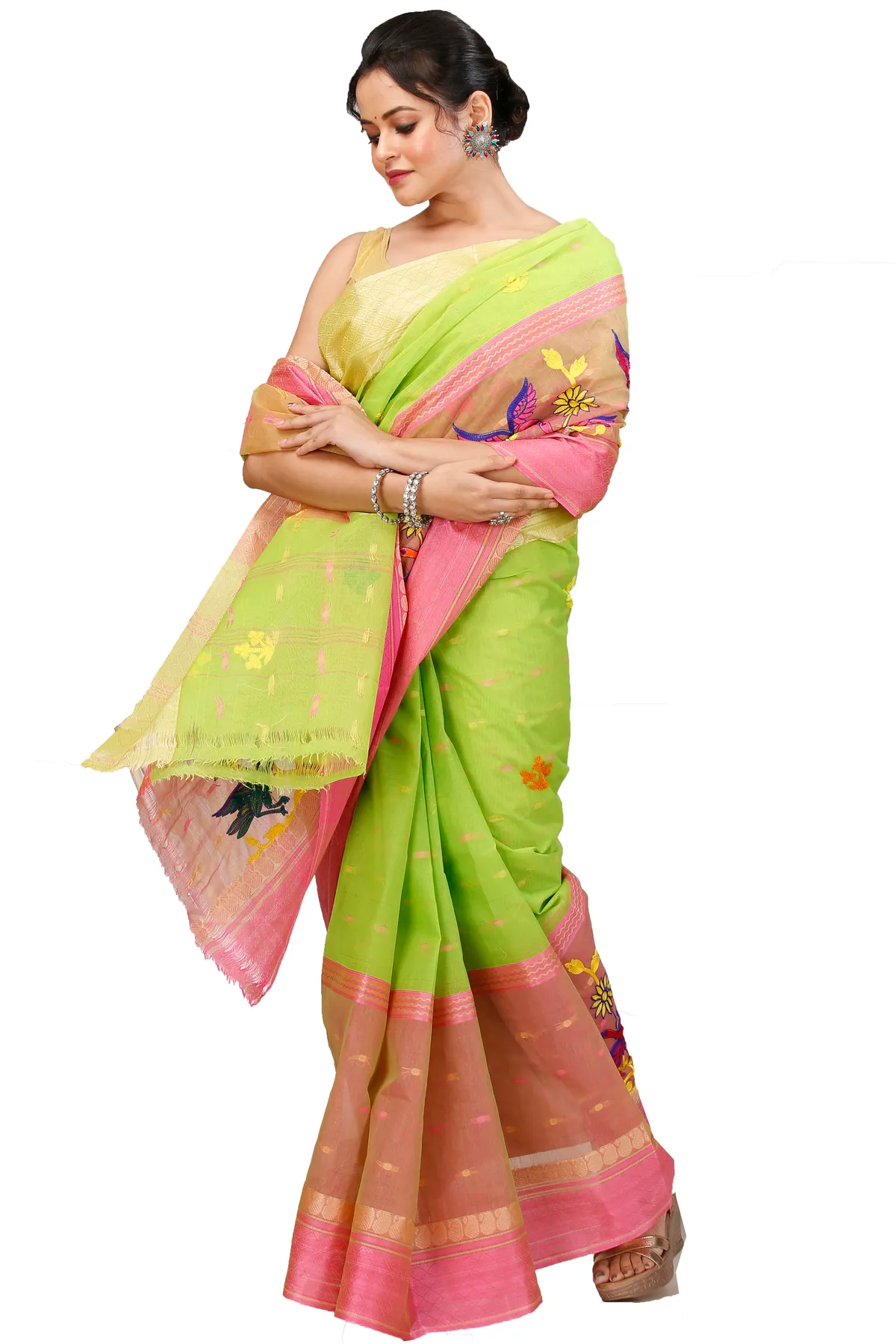 DipDiya Pure Cotton Light Green Embi Ganga Bok Woven by Hand Embroidery Tant Sarees