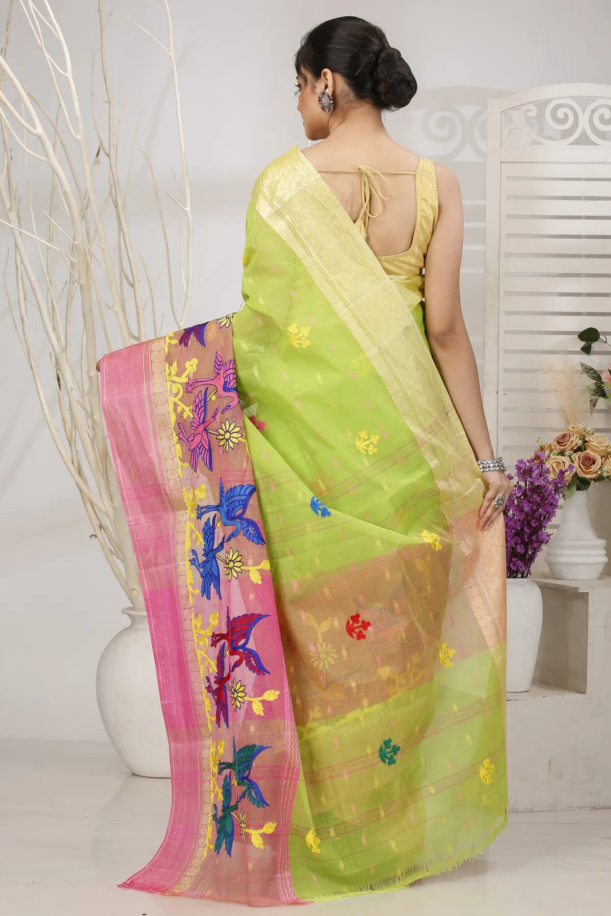 DipDiya Pure Cotton Light Green Embi Ganga Bok Woven by Hand Embroidery Tant Sarees